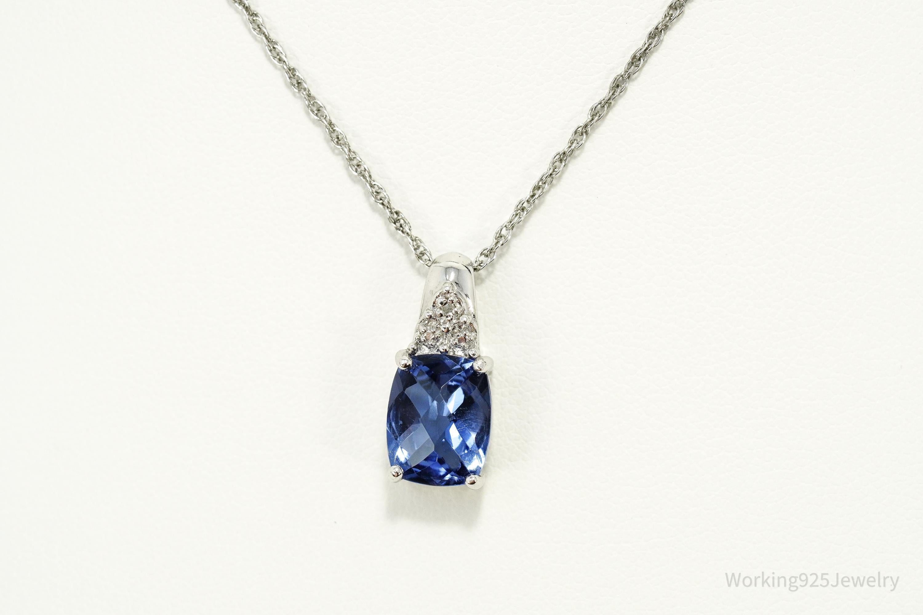 Vintage Ross Simons Lab Created Blue Sapphire & Single Diamond Sterling Silver Necklace 18"