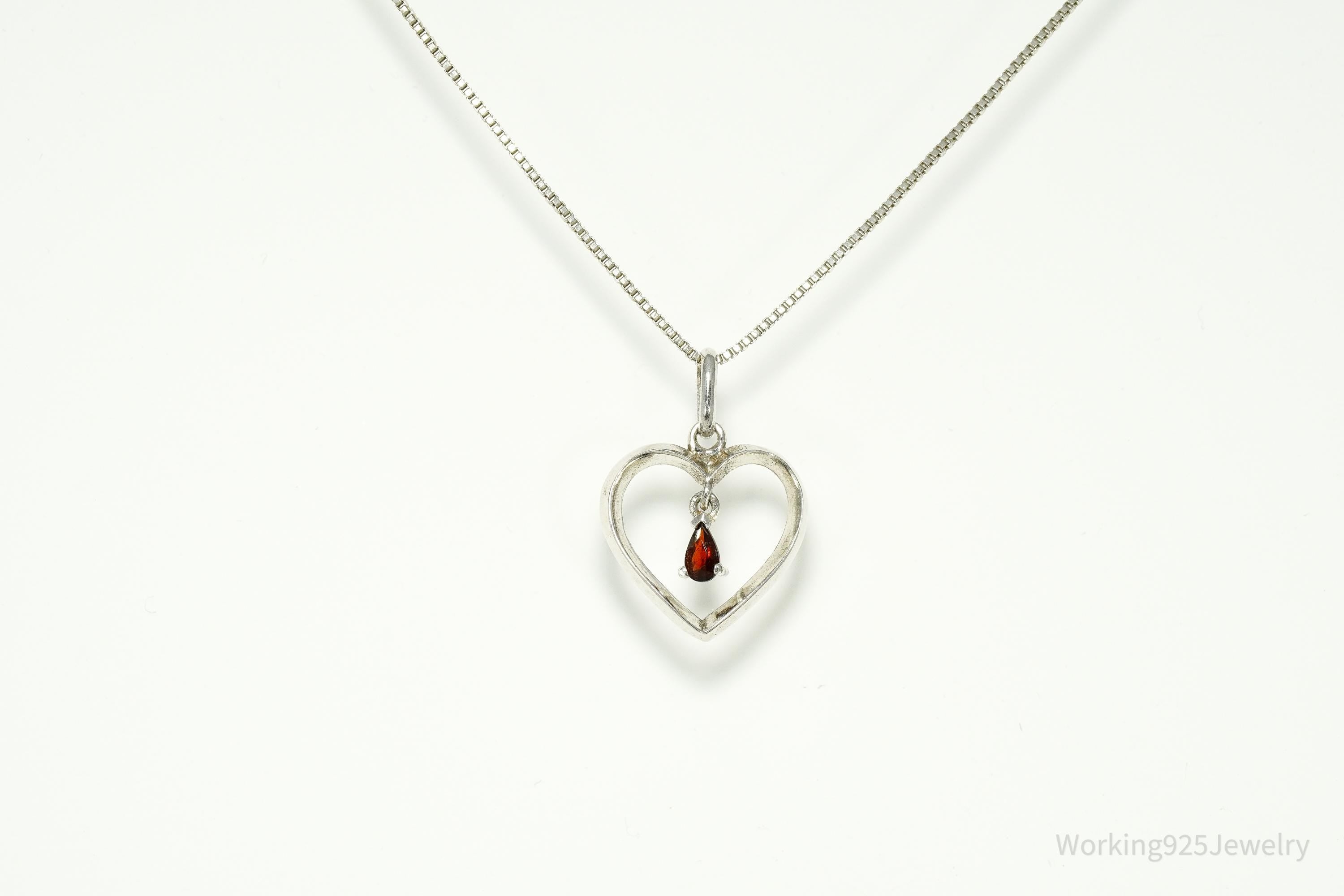 Vintage Garnet Sterling Silver Heart Chain Necklace 18"