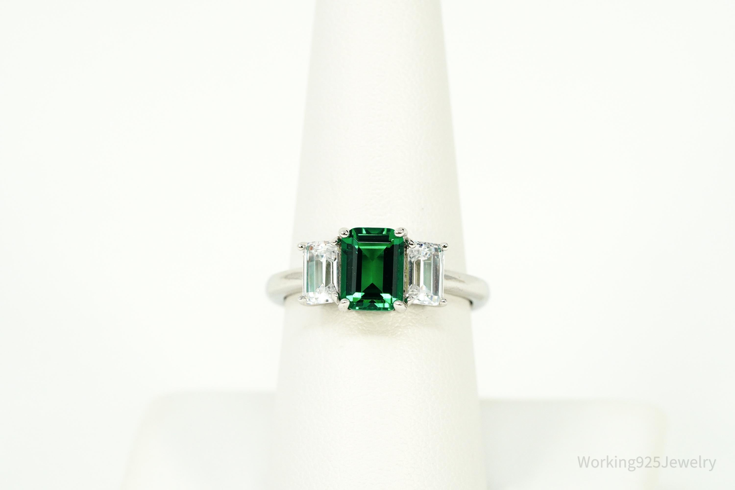 Vintage Lab Emerald & Cubic Zirconia Sterling Silver Ring - Size 8