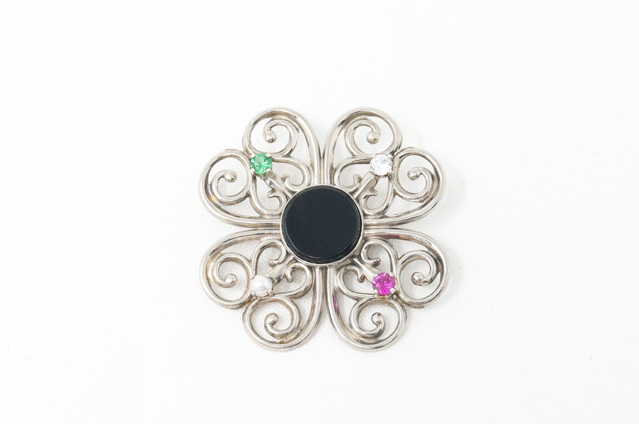 Vintage Designer Beau Black Onyx Atomic Modernist Sterling Silver Brooch Pin