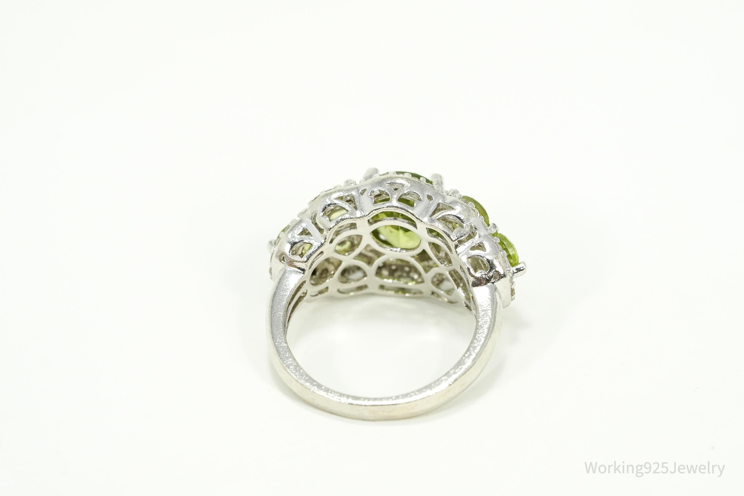Green Peridot & White Zircon Rhodium Over Sterling Silver Ring - Size 7