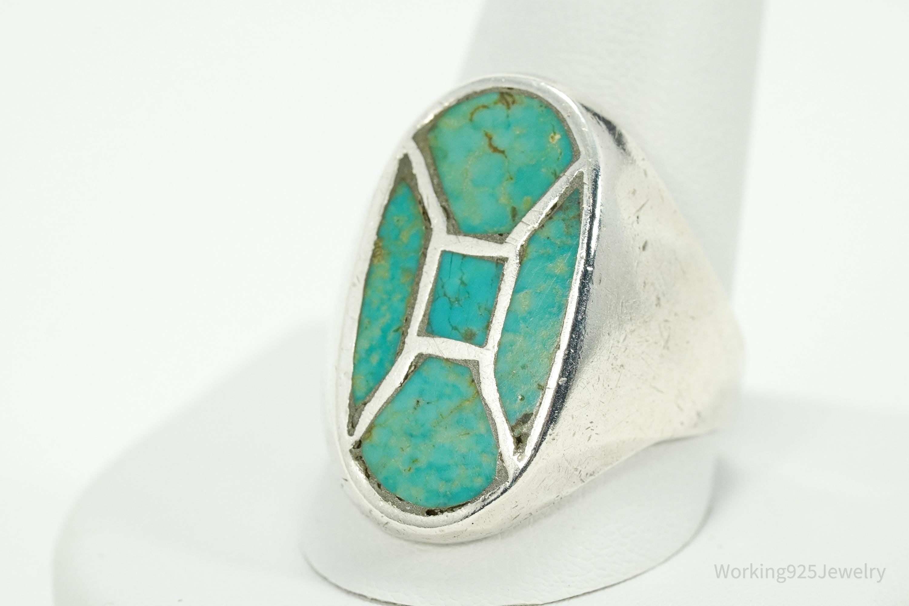 Vintage Native American Turquoise Inlay Heavy Silver Ring - Size 12.25