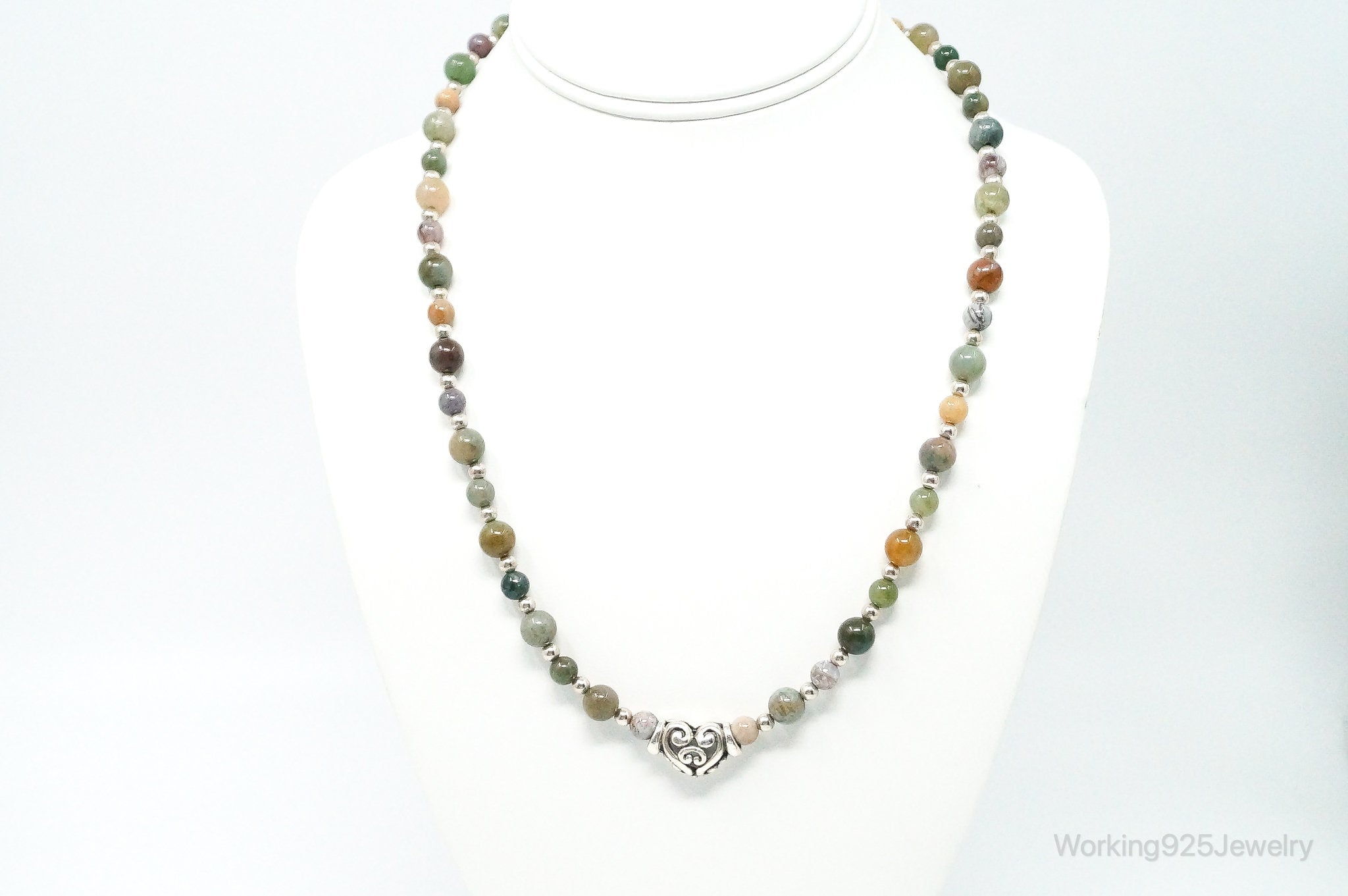 Vintage Multi Gem Agate Jasper Beads Sterling Silver Necklace