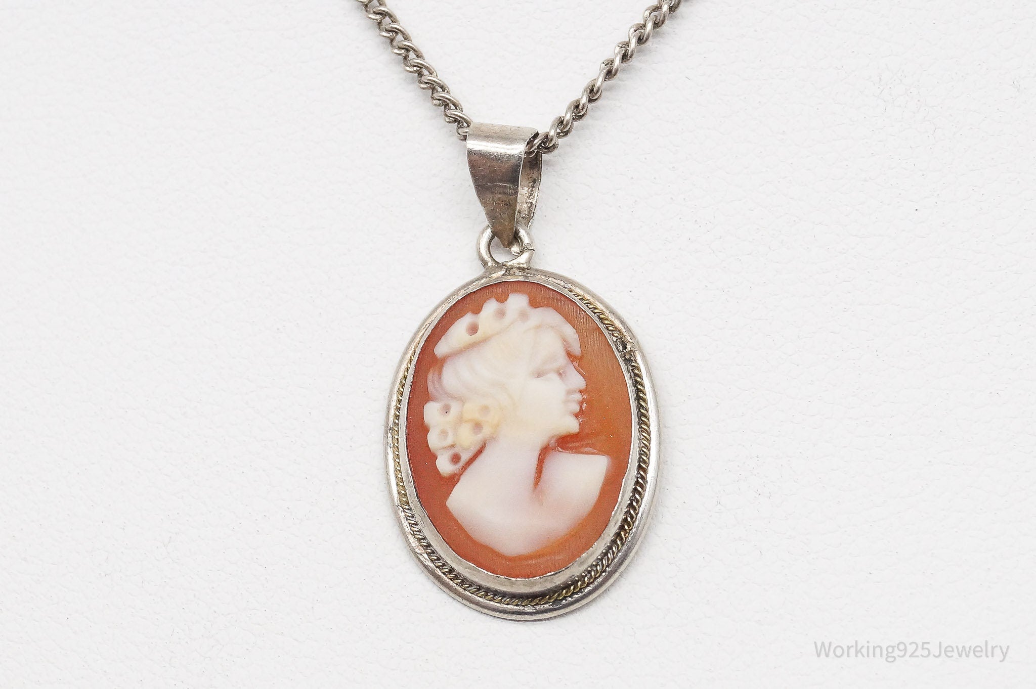 Vintage Carved Shell Woman Cameo Sterling Silver Necklace