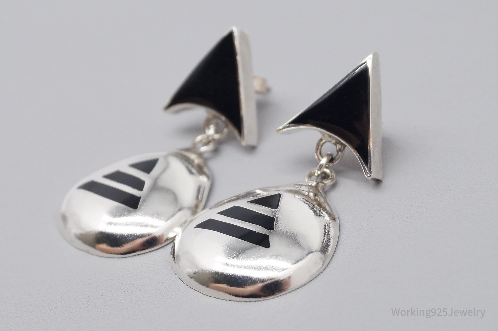 Vintage Large Mexico Modernist Style Black Enamel Sterling Silver Earrings