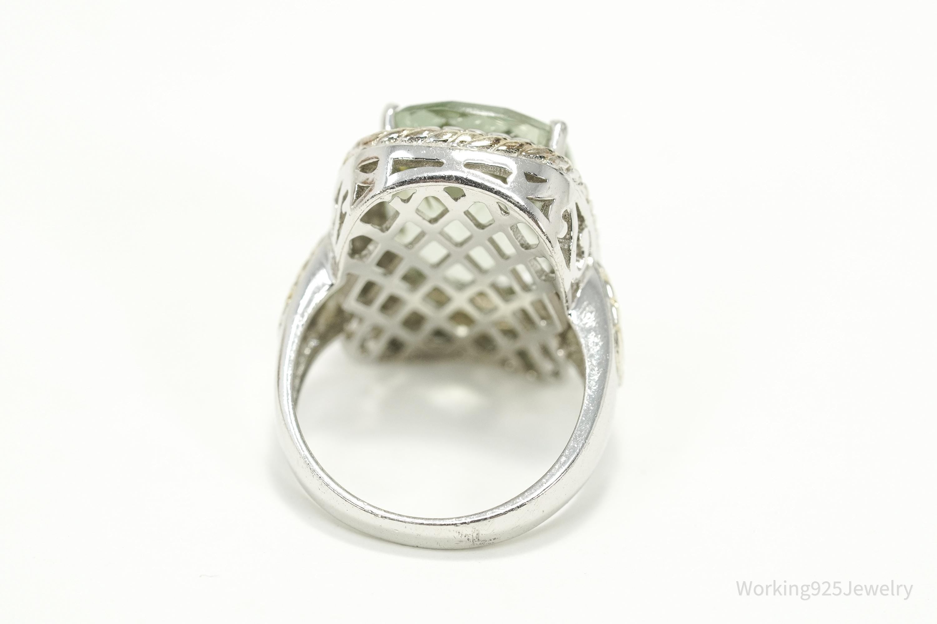 Vintage Large Prasiolite Gold Vermeil Sterling Silver Statement Ring - Size 8.25