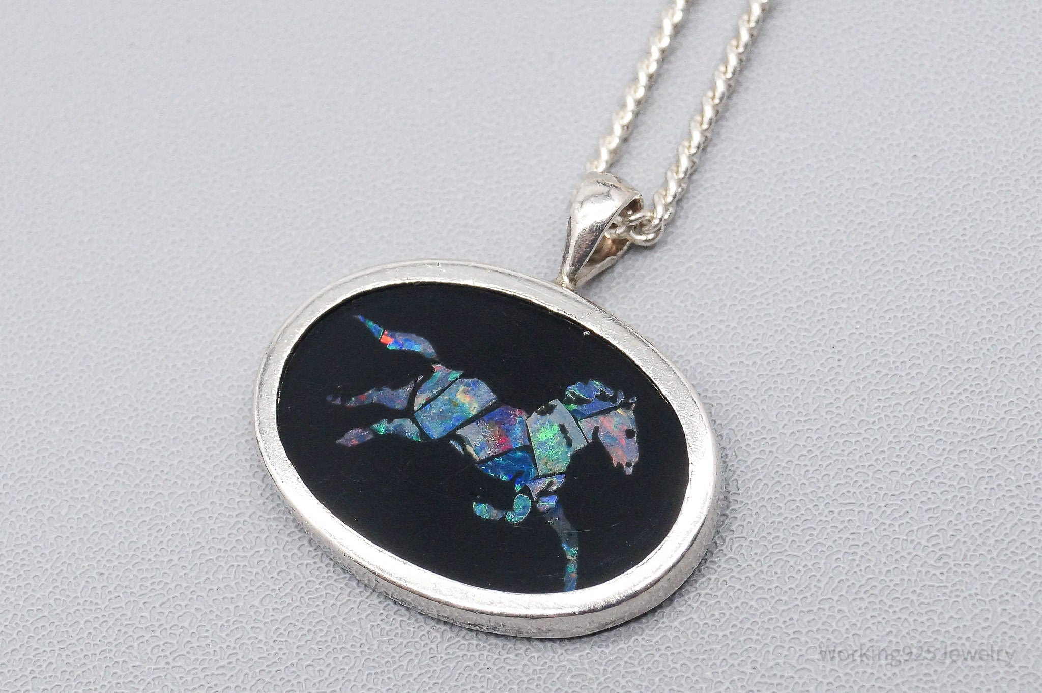 Vintage Opal Inlay Horse Sterling Silver Necklace - 19"