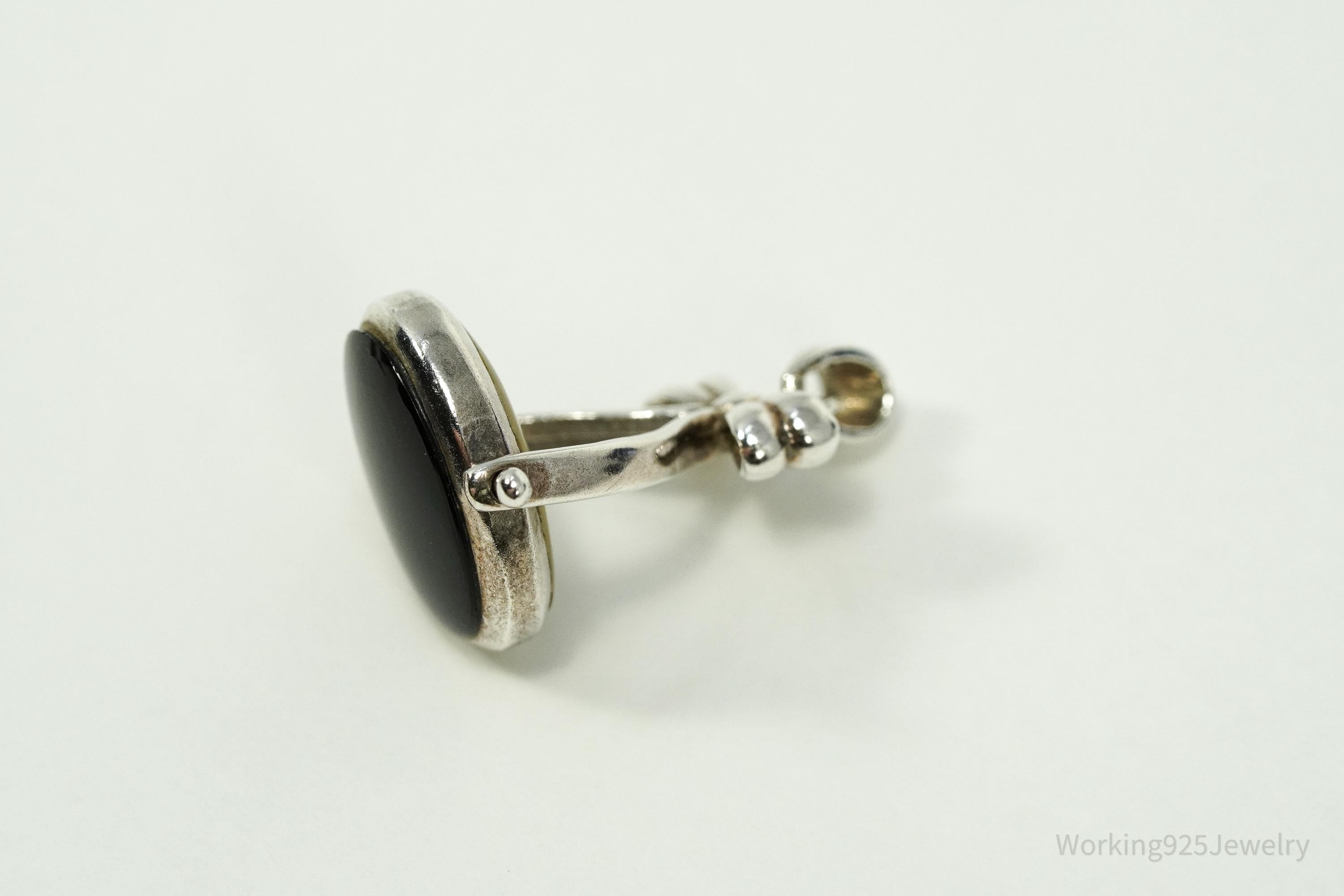 Vintage Black Onyx & Mother Of Pearl Spinning Fob Sterling Silver Pendant