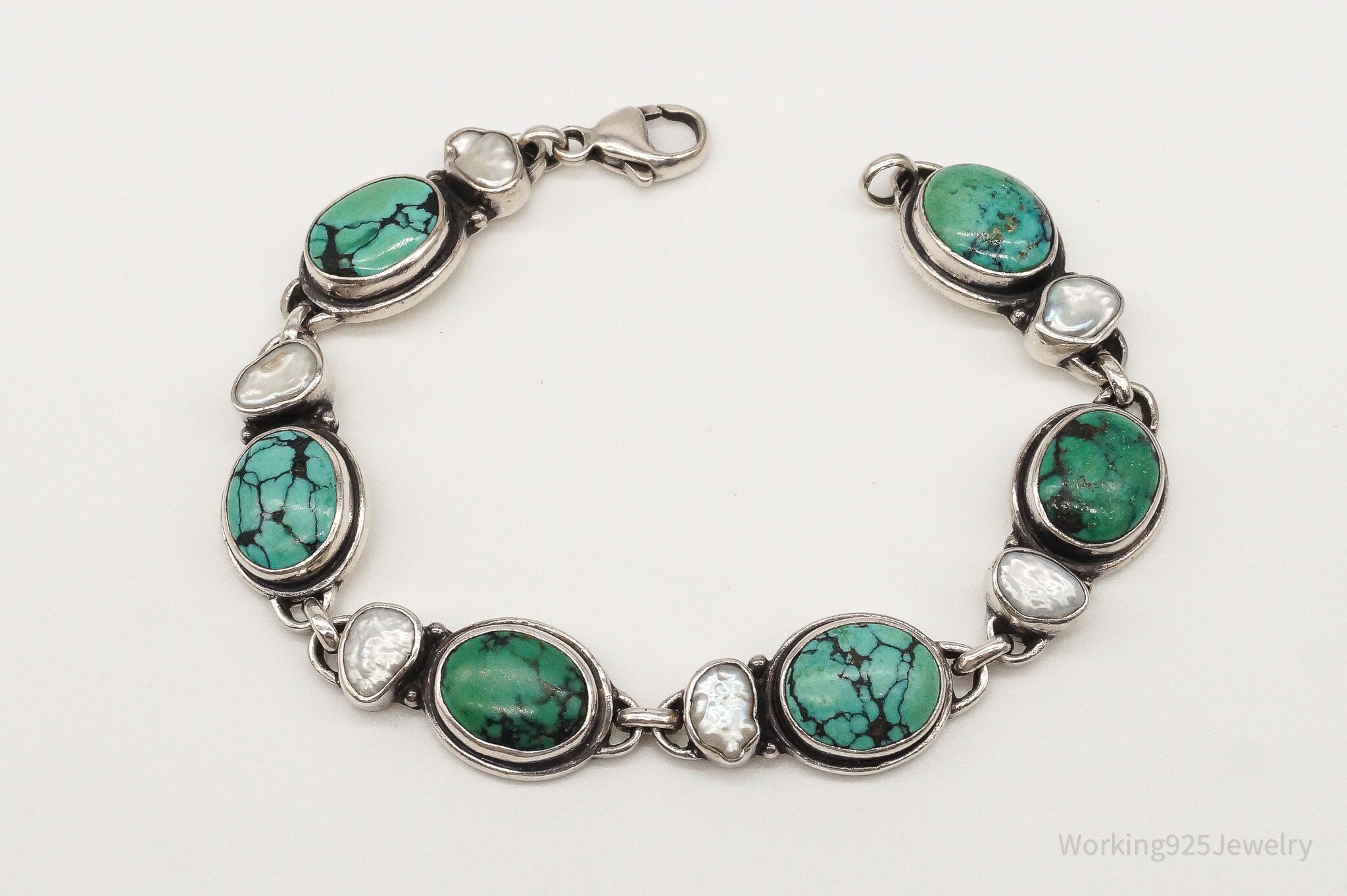 Vintage Turquoise Pearl Sterling Silver Bracelet