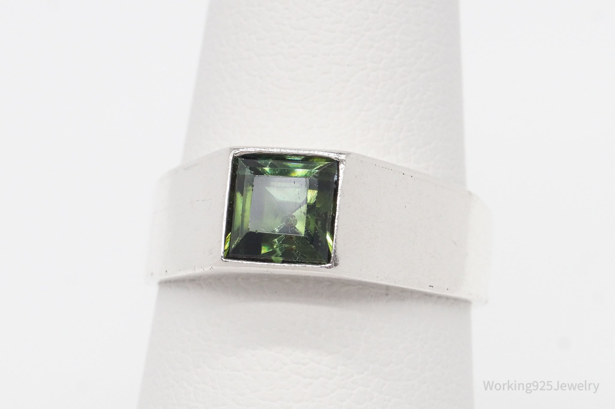 Vintage Green Tourmaline 950 Silver Band Ring - Size 6.25