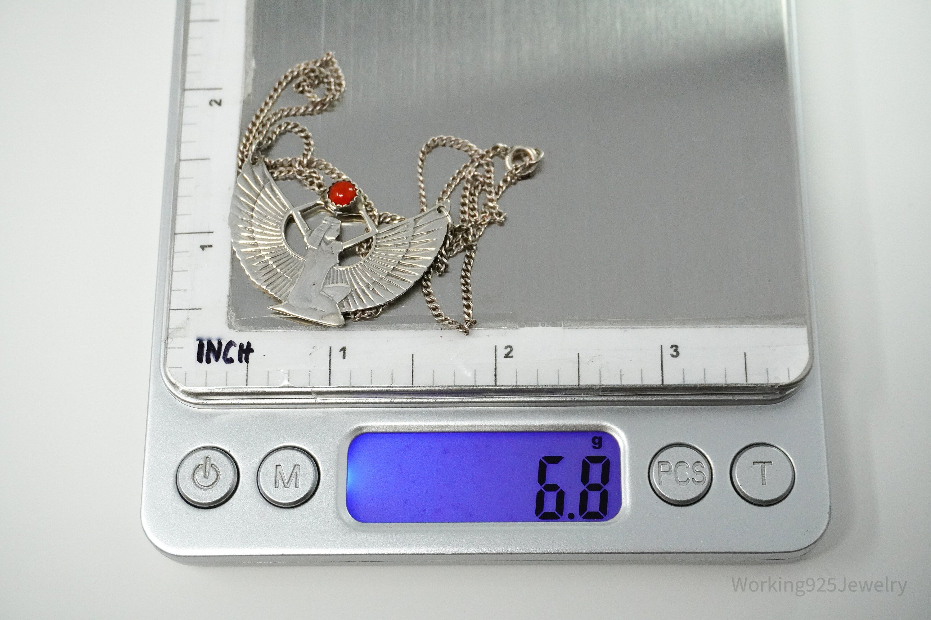 Vintage Egyptian Winged Goddess Isis Red Stone Sterling Silver Necklace 16"