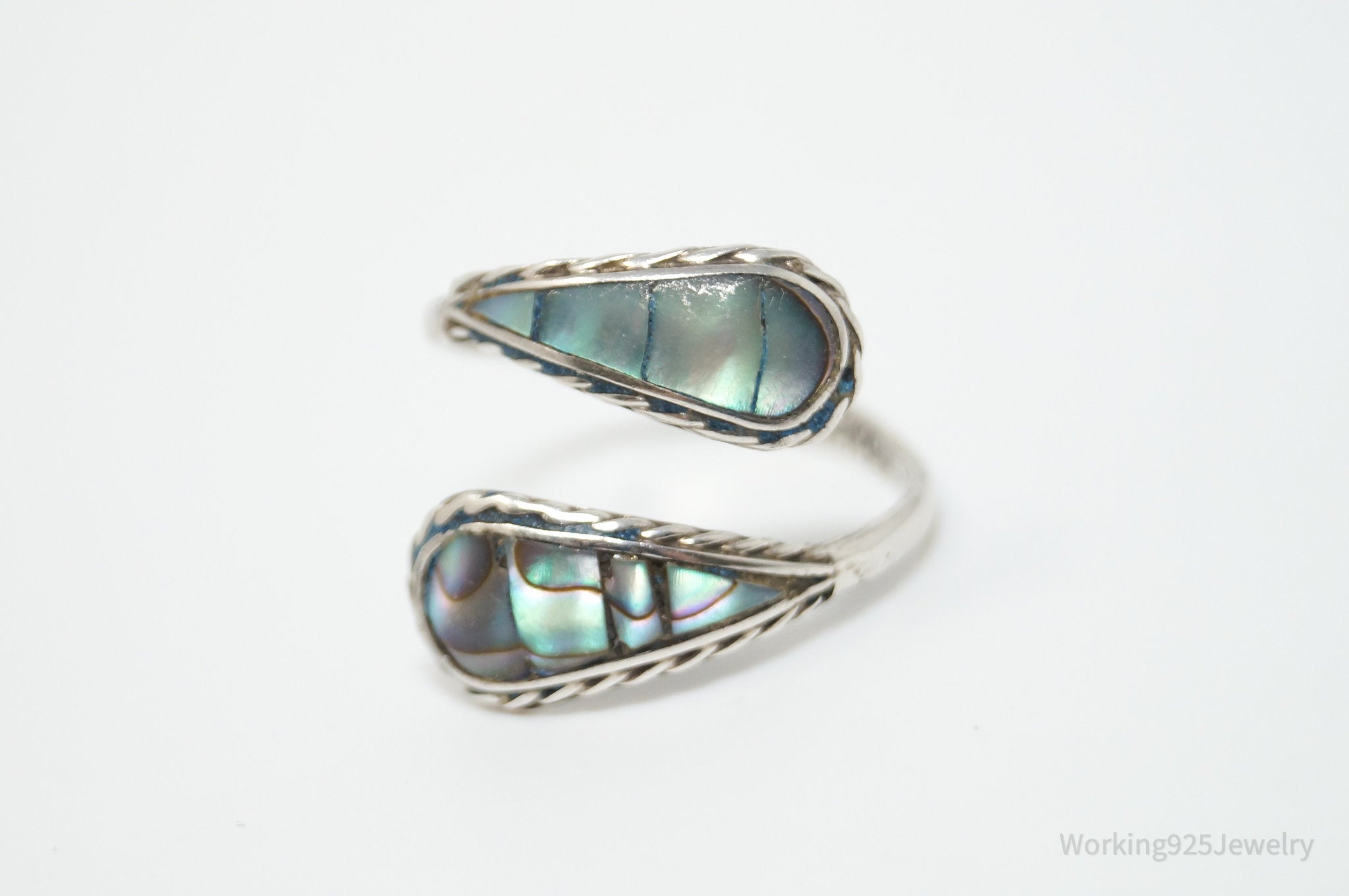 Vintage Mexico Paua Abalone Shell Sterling Silver Wrap Ring - Sz 8 Adjustable