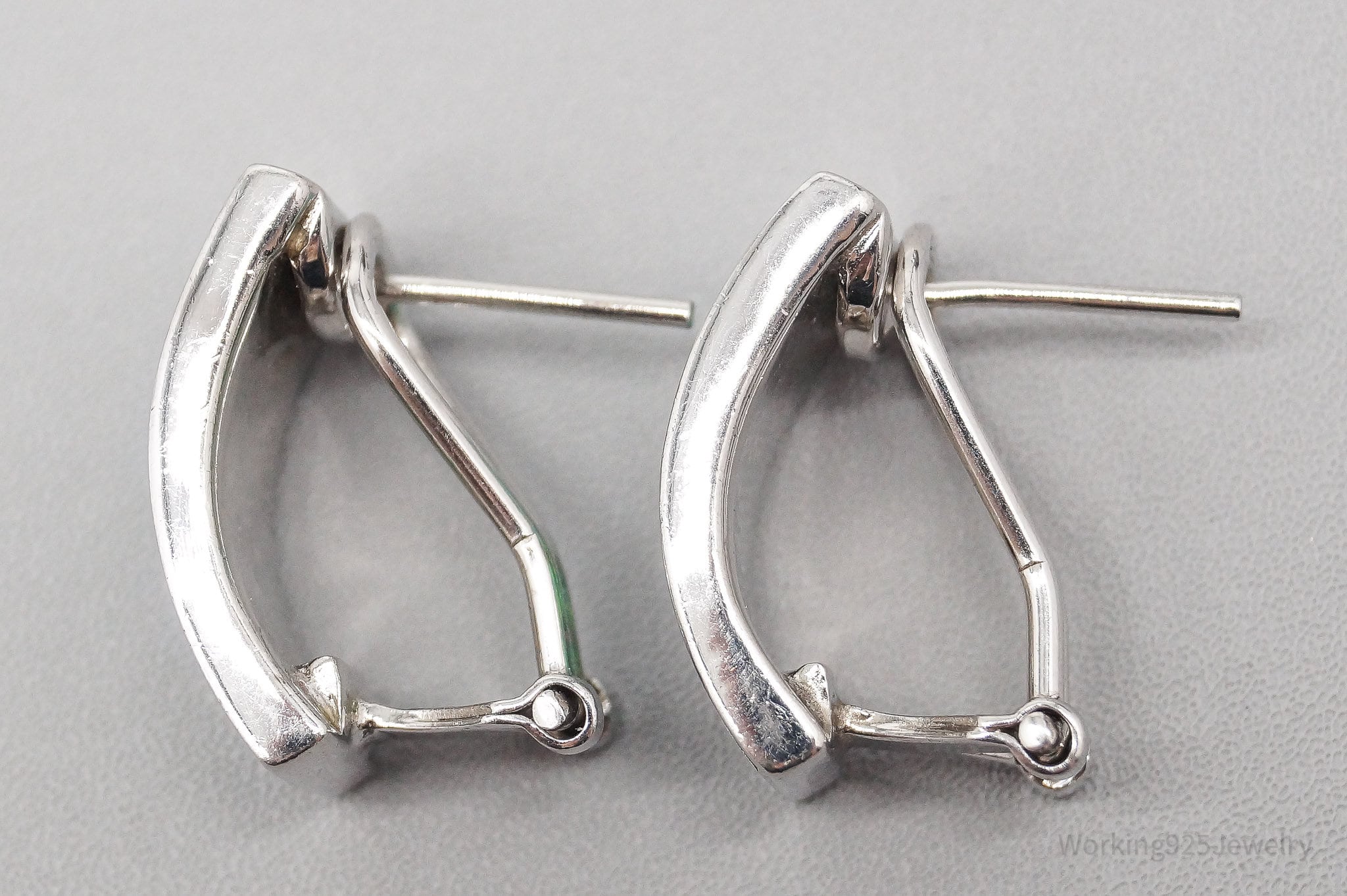 Vintage Opal Inlay Sterling Silver Omega Back Hoop Earrings