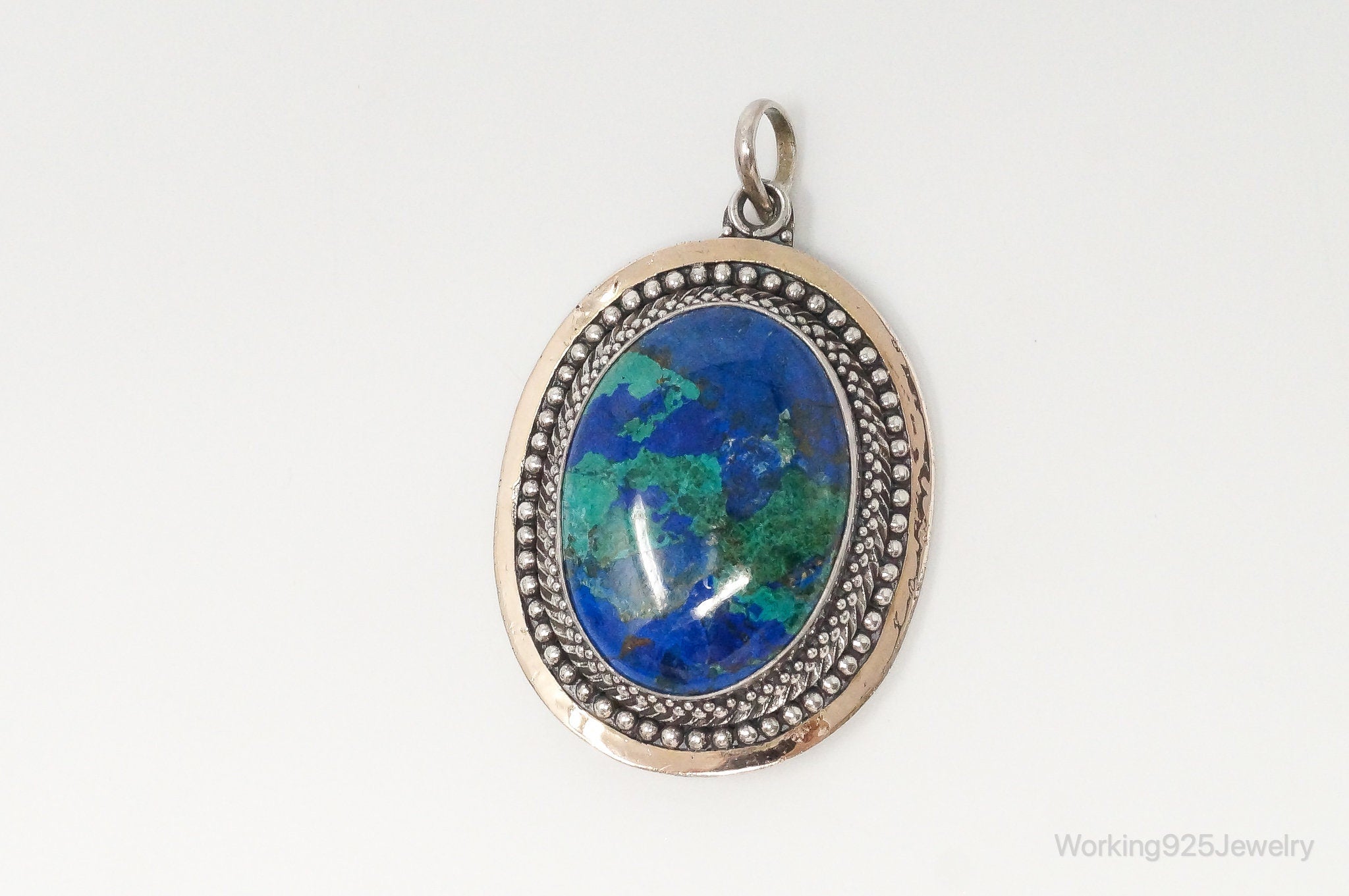 Vintage Large Azurite Brass Sterling Silver Pendant