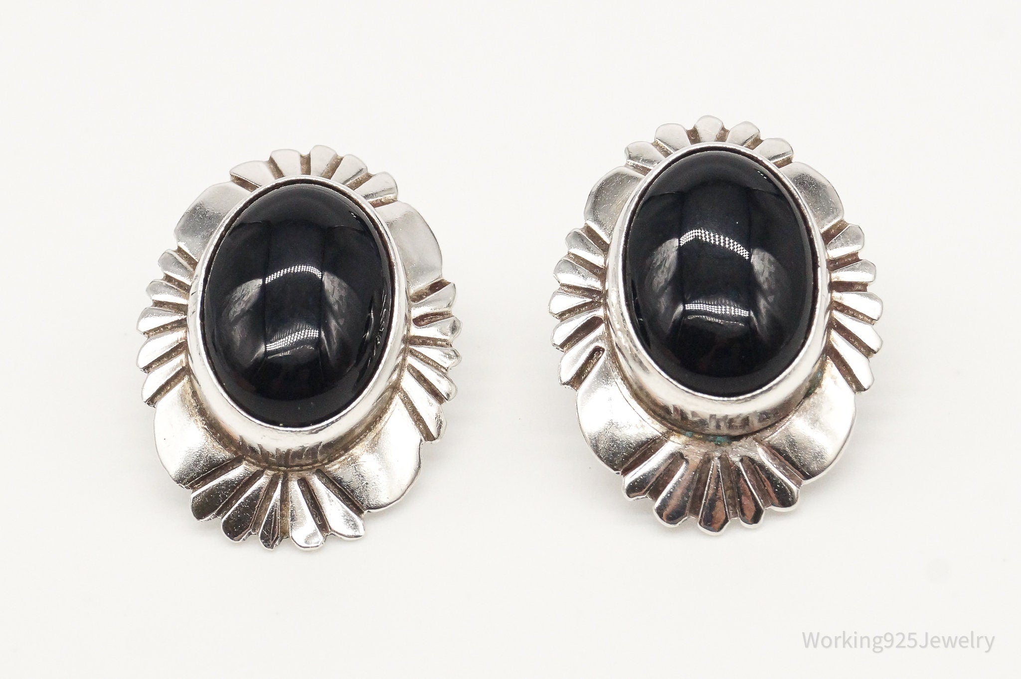 Vintage Native American EB Black Onyx Sterling Silver Earrings