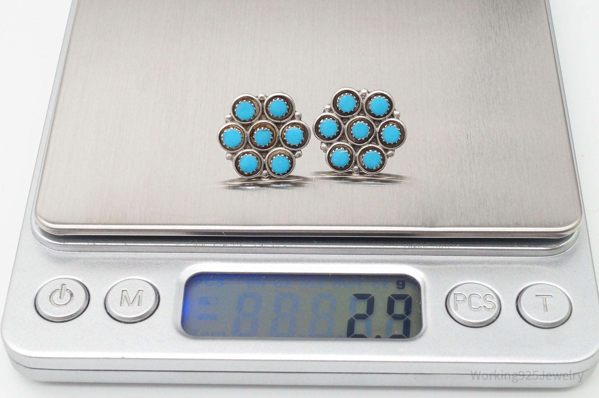 Vintage Native American Turquoise Petit Point Sterling Silver Earrings