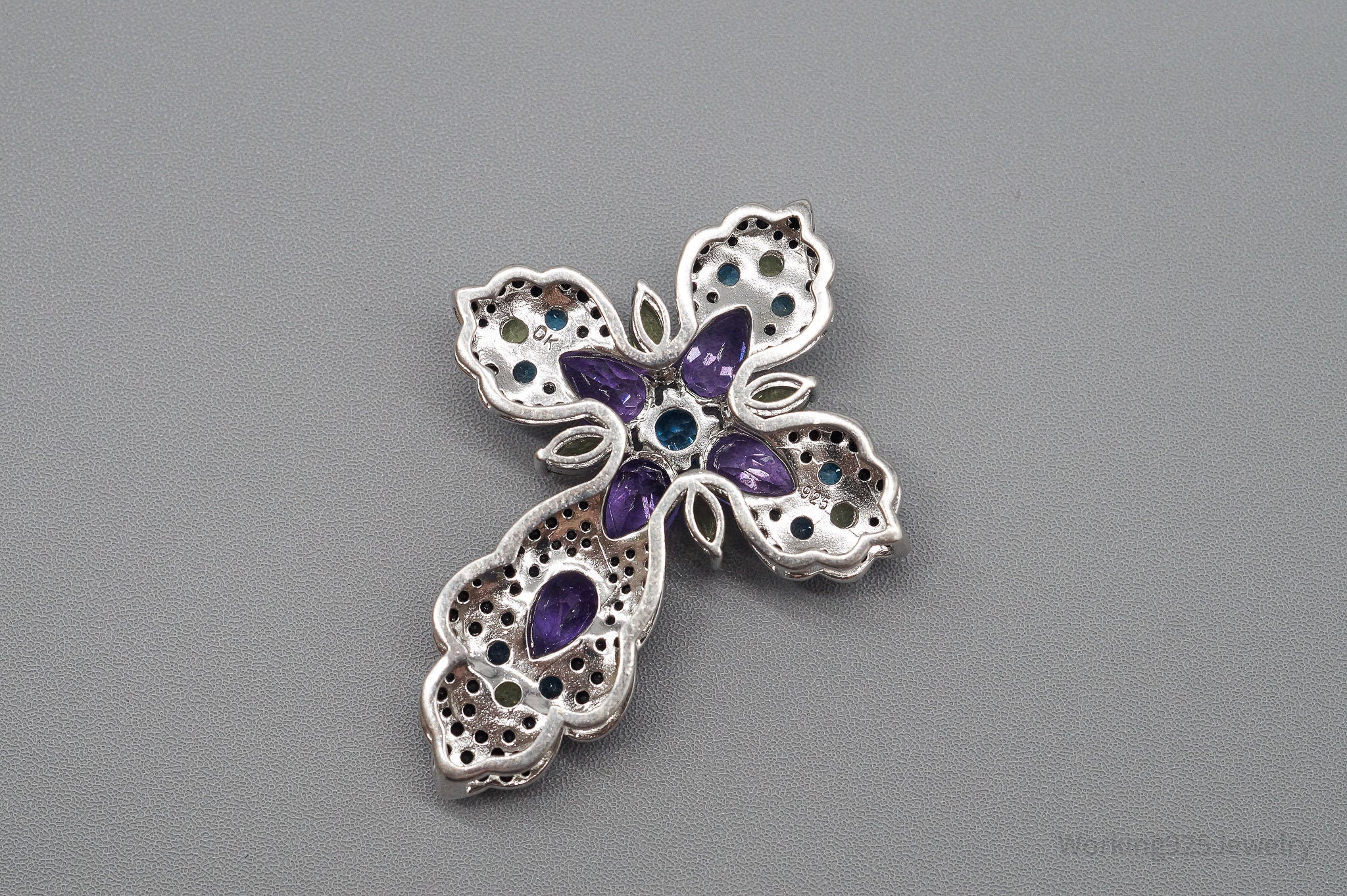 Large JTV DK Multi Gemstone Rhodium Over Sterling Silver Cross Pendant