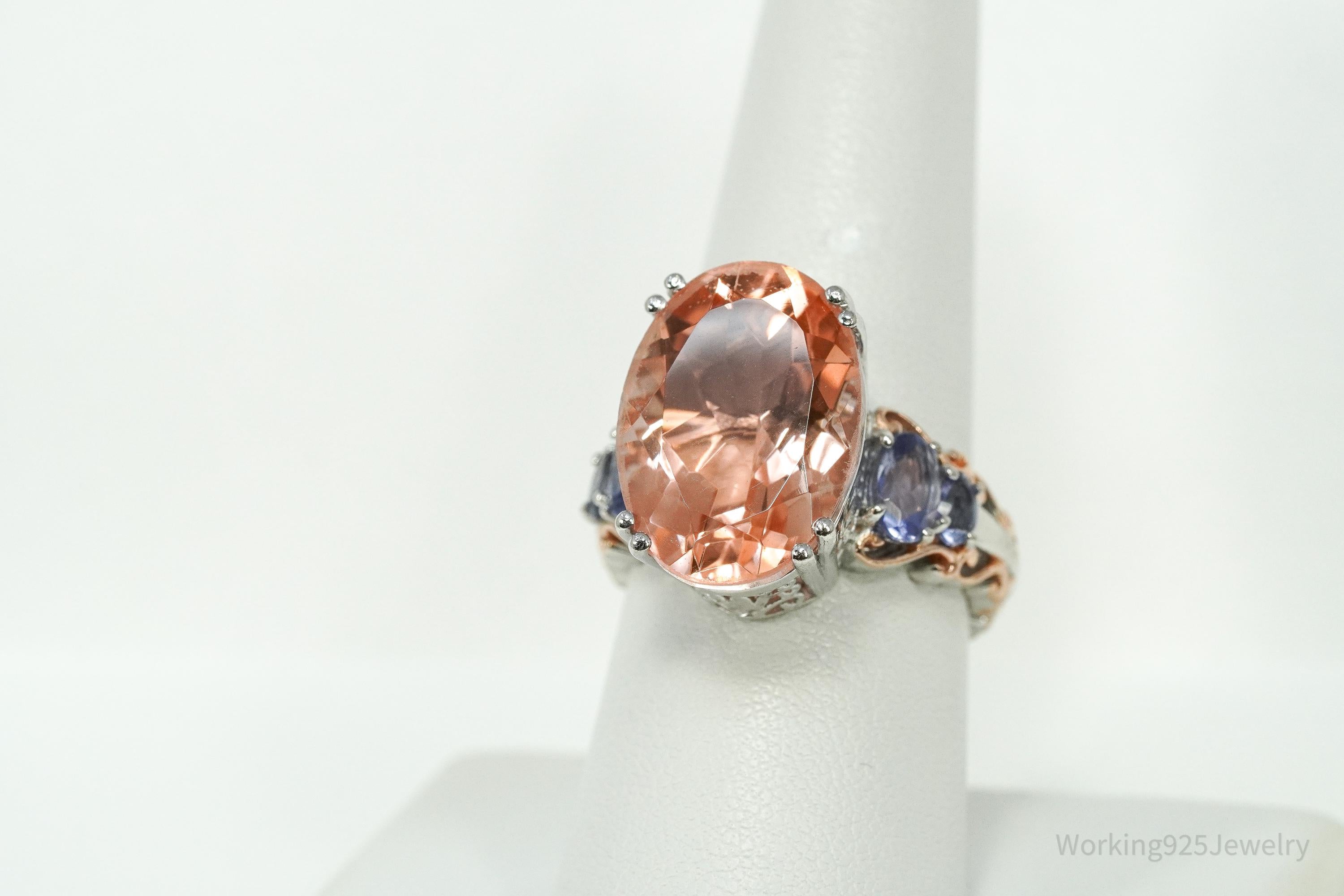 Vintage Chuck Clemency Peach Quartz & Iolite Rose Gold Plated Sterling Silver Ring - Size 8.25
