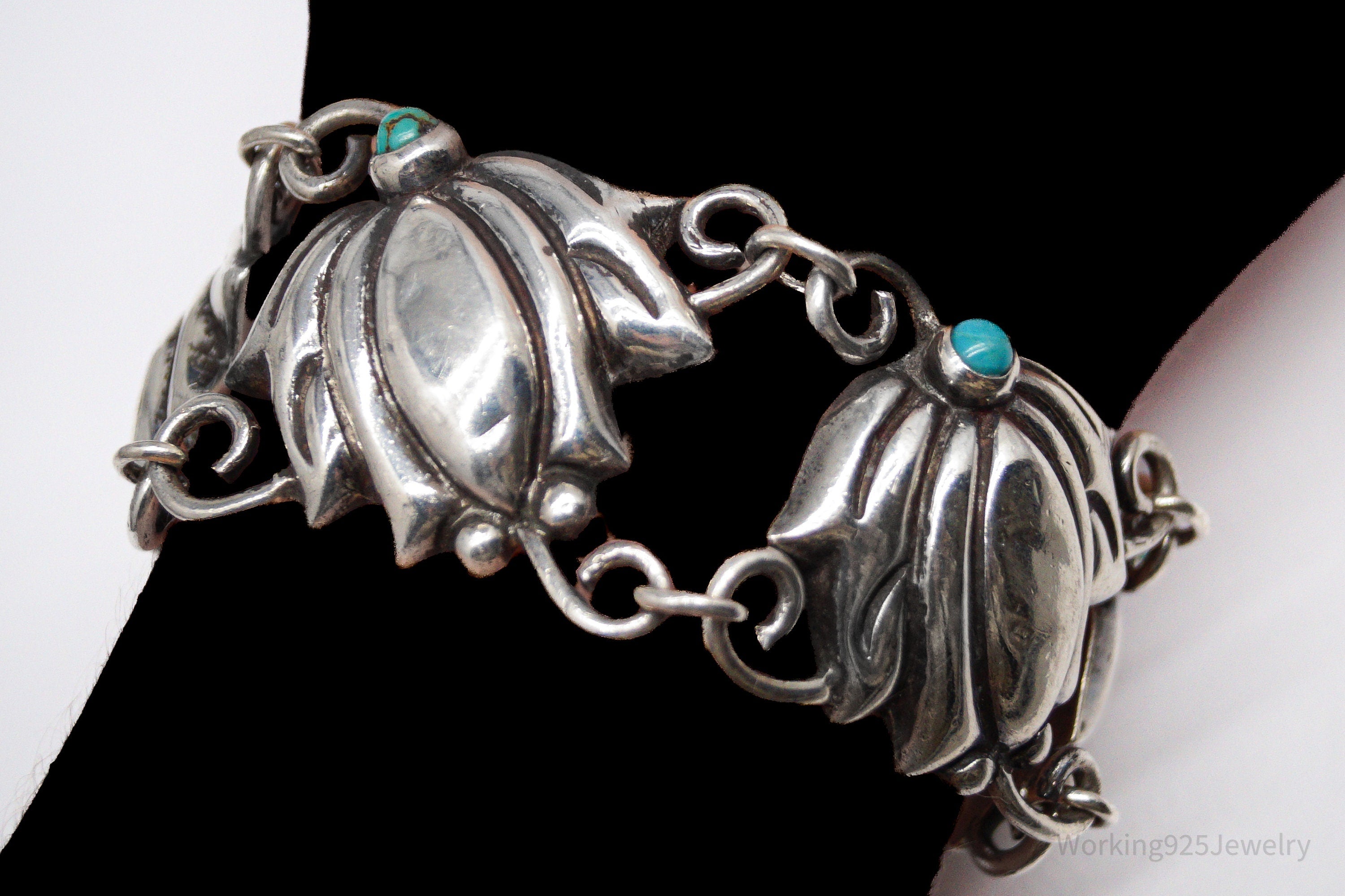 Vintage Mexico Blue Turquoise Inlay & Flowers Silver Bracelet - 7.75"