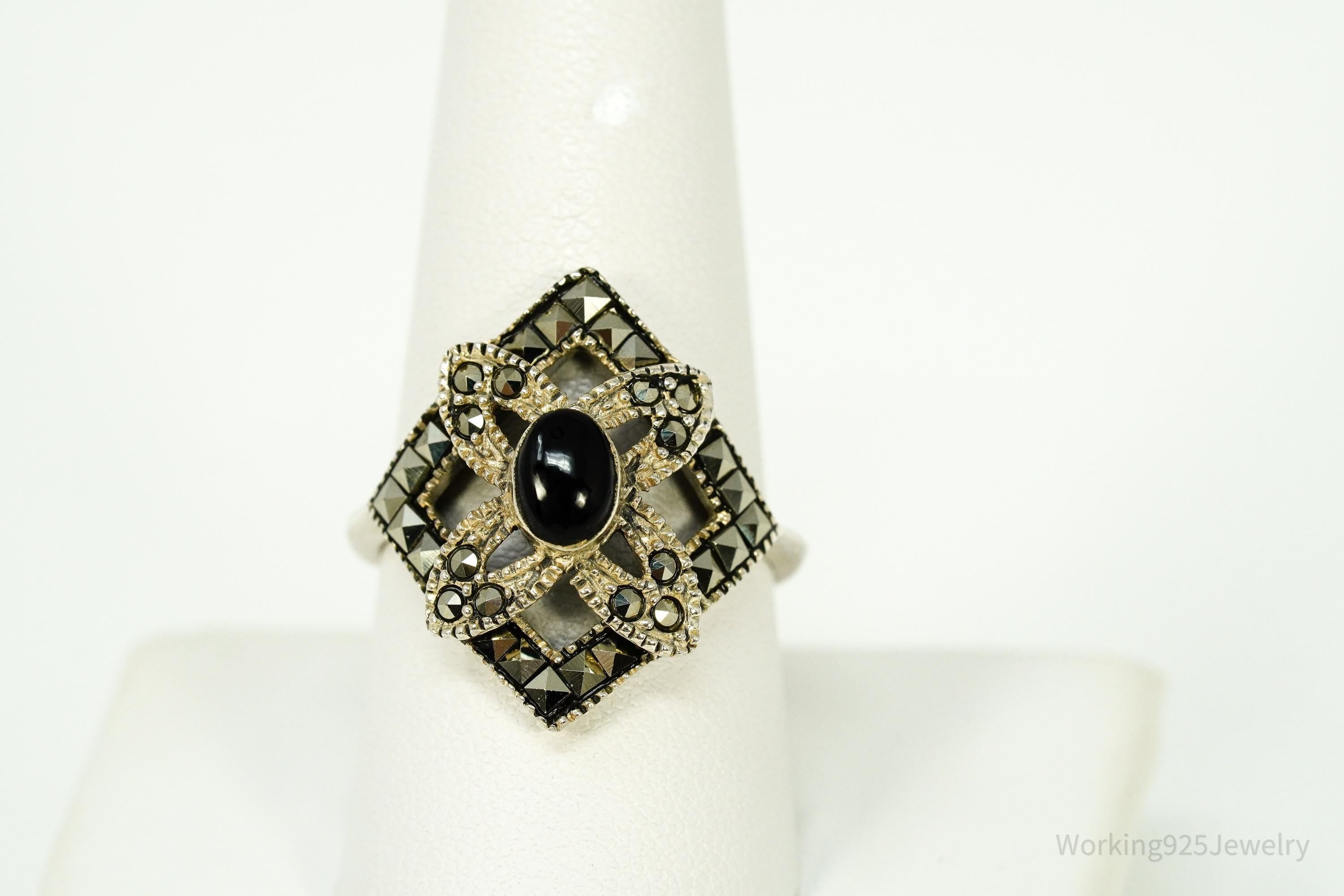 Vintage Art Deco Style Marcasite & Black Onyx Sterling Silver Ring - Size 9