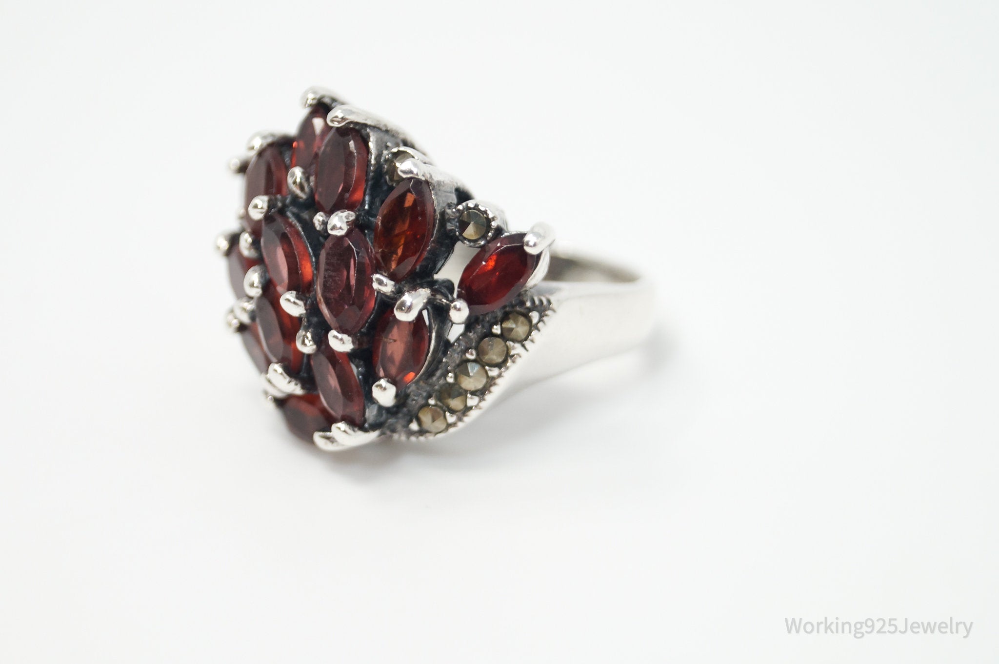 Vtg Art Deco Style Garnet Marcasite Statement Ring Sterling Silver - Sz 6