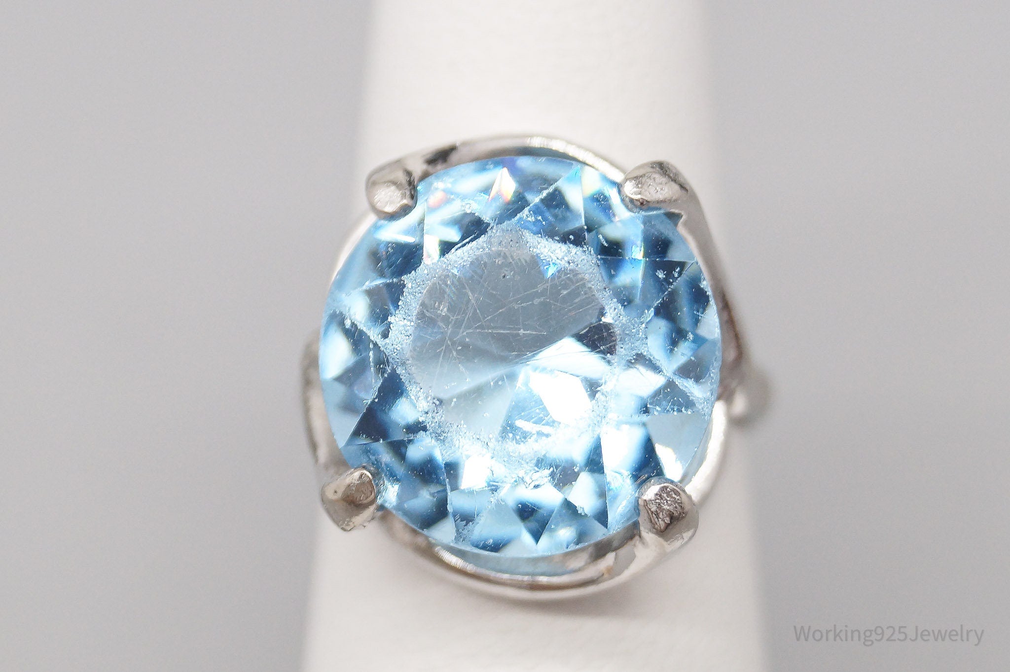 Vintage Large Blue Art Glass Stone Sterling Silver Ring - Size 5