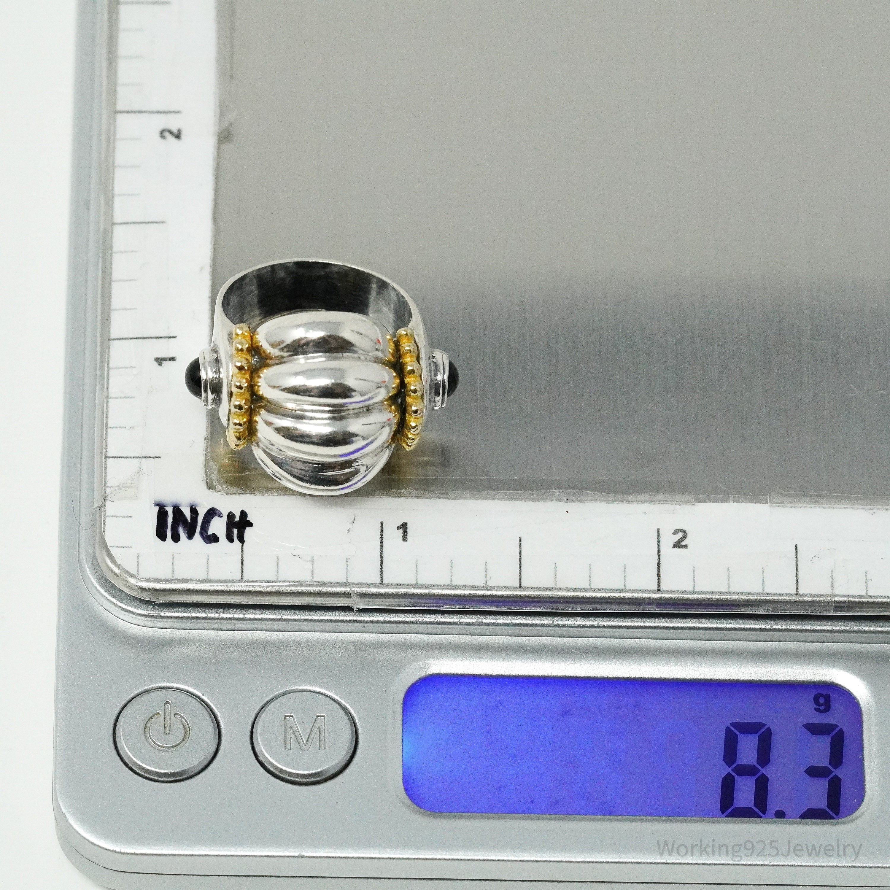 Vintage Italian Black Onyx Gold Vermeil Sterling Silver Ring - Size 6.5