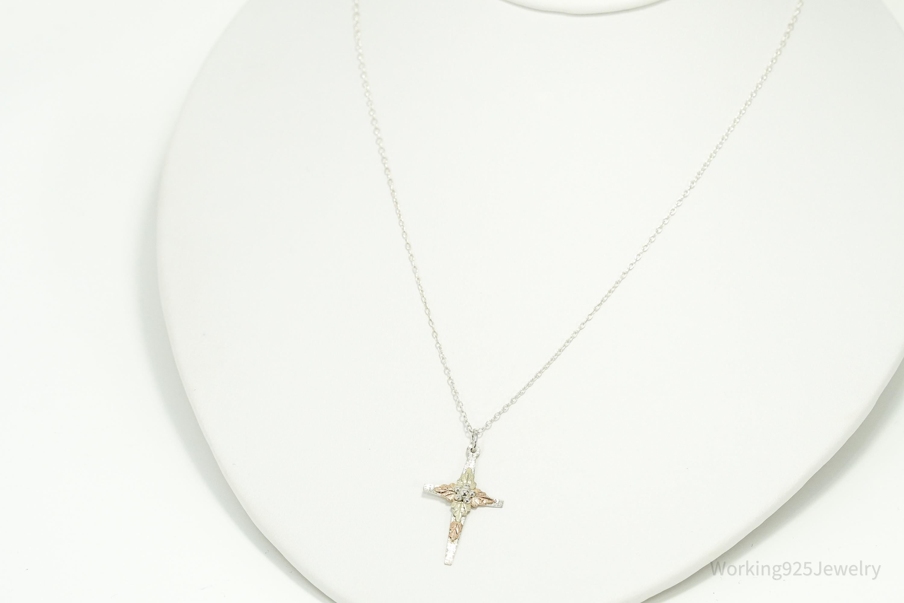 Vintage Landstrom's 10K Black Hills Gold Leaves Sterling Silver Cross Necklace 18"