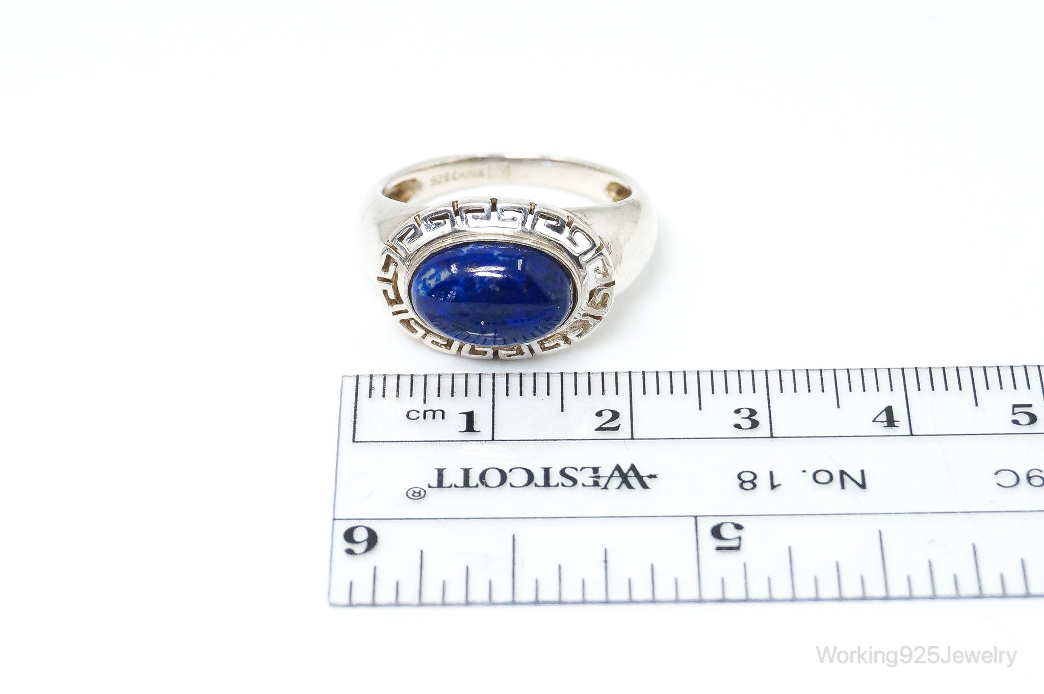 VTG Designer GV Lapis Lazuli Greek Key Design Sterling Silver Ring - SZ 9