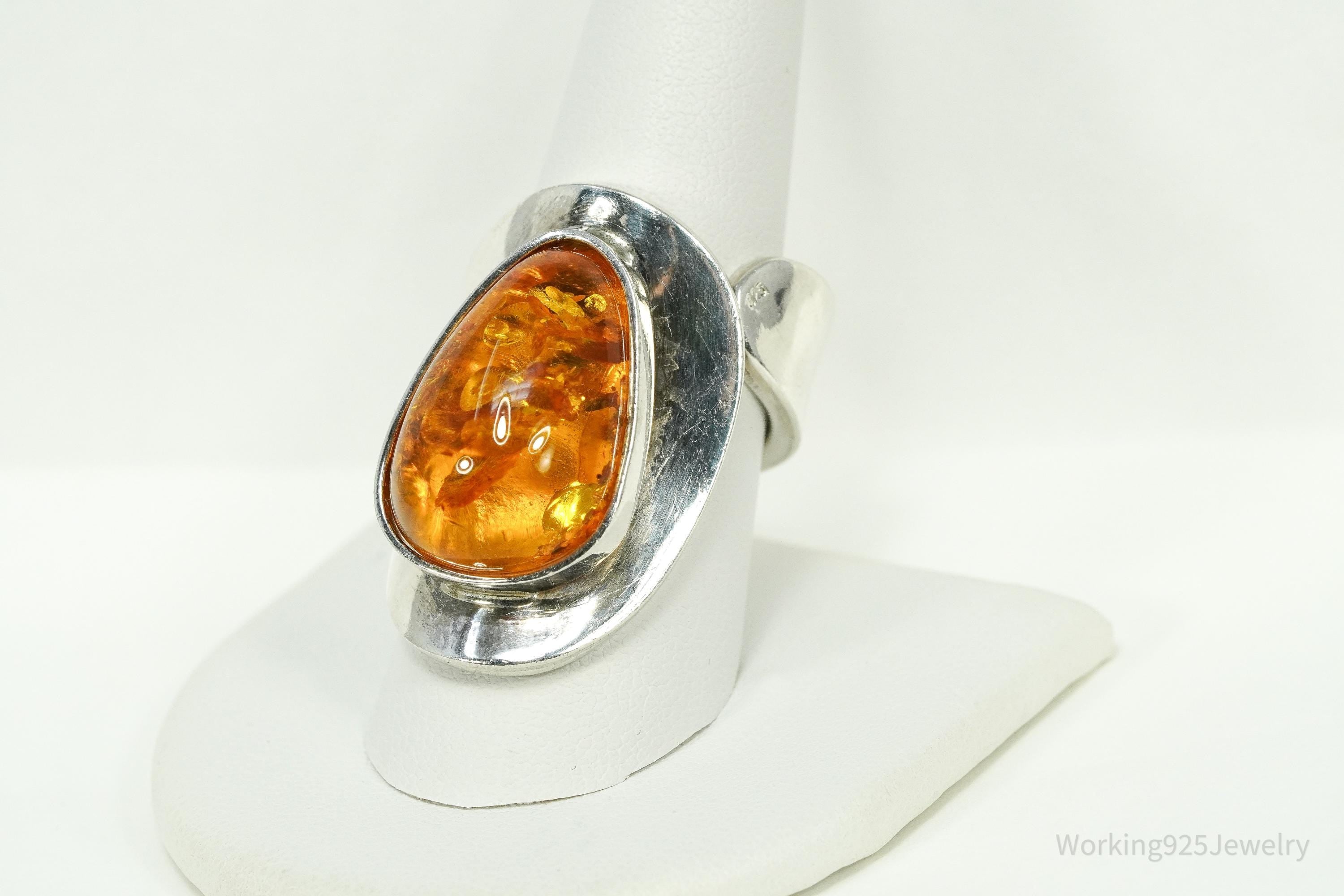 Vintage Large Amber Modernist Style Sterling Silver Ring - Size 9