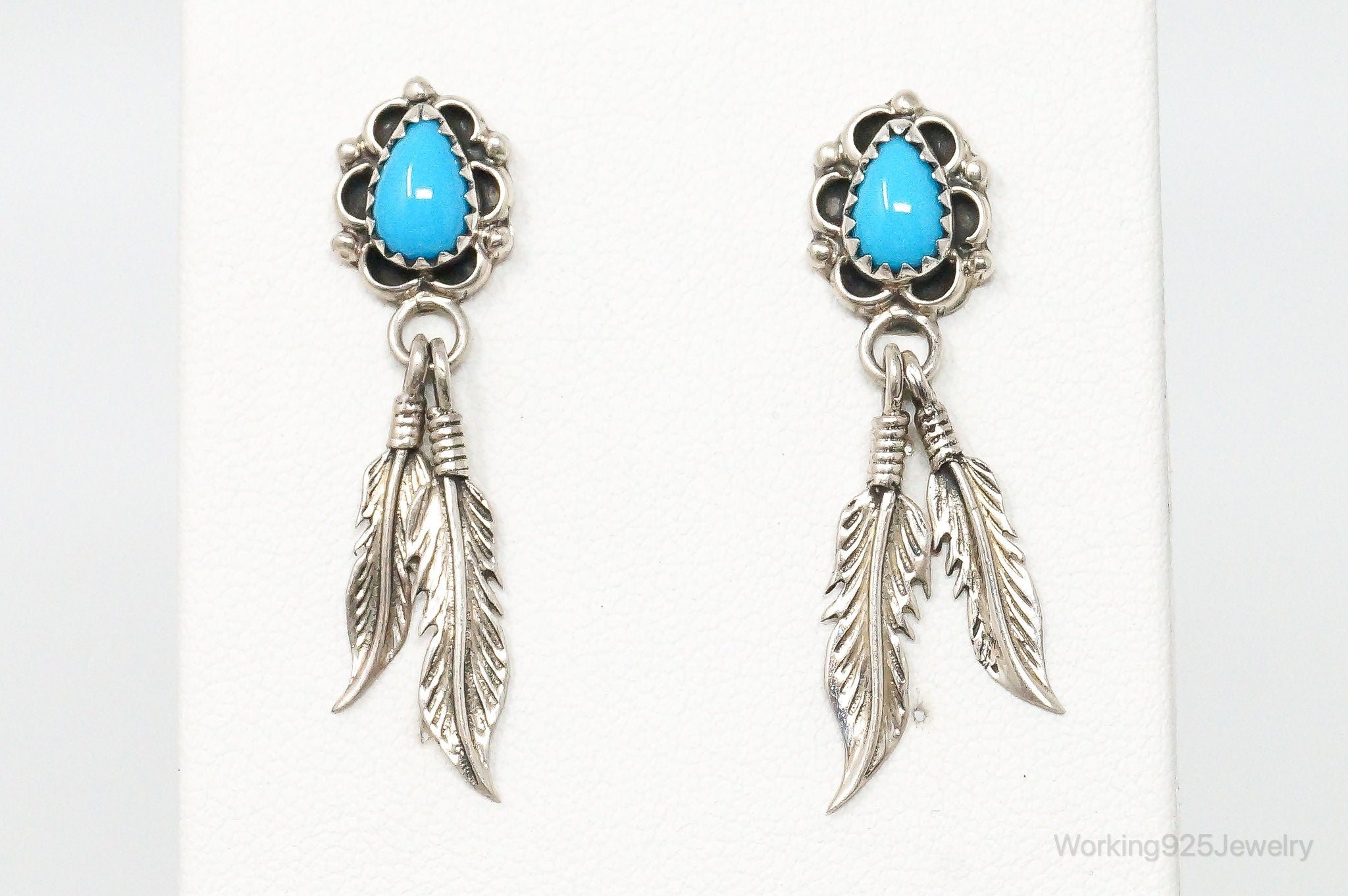 Vintage Native American RB Turquoise Feather Sterling Silver Earrings