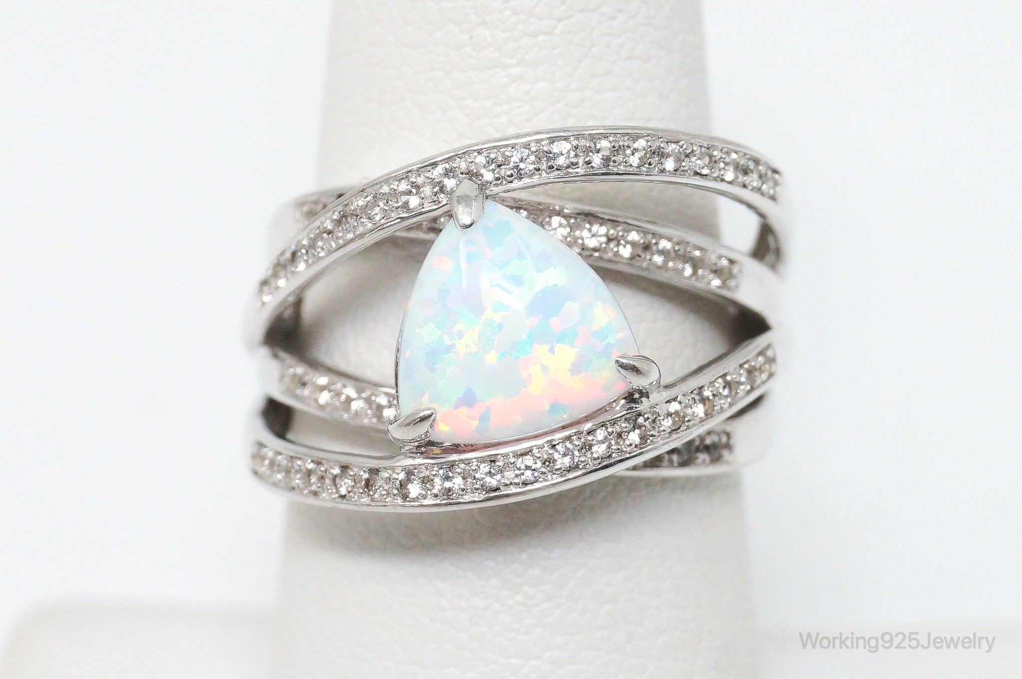 Vintage Opal Cubic Zirconia Sterling Silver Ring - SZ 7