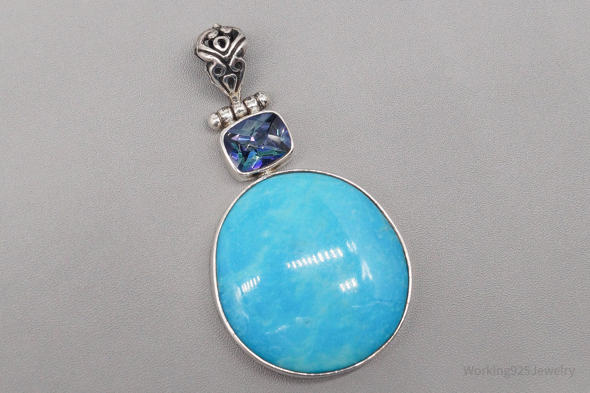 Vintage Large Amazonite Mystic Topaz Sterling Silver Pendant