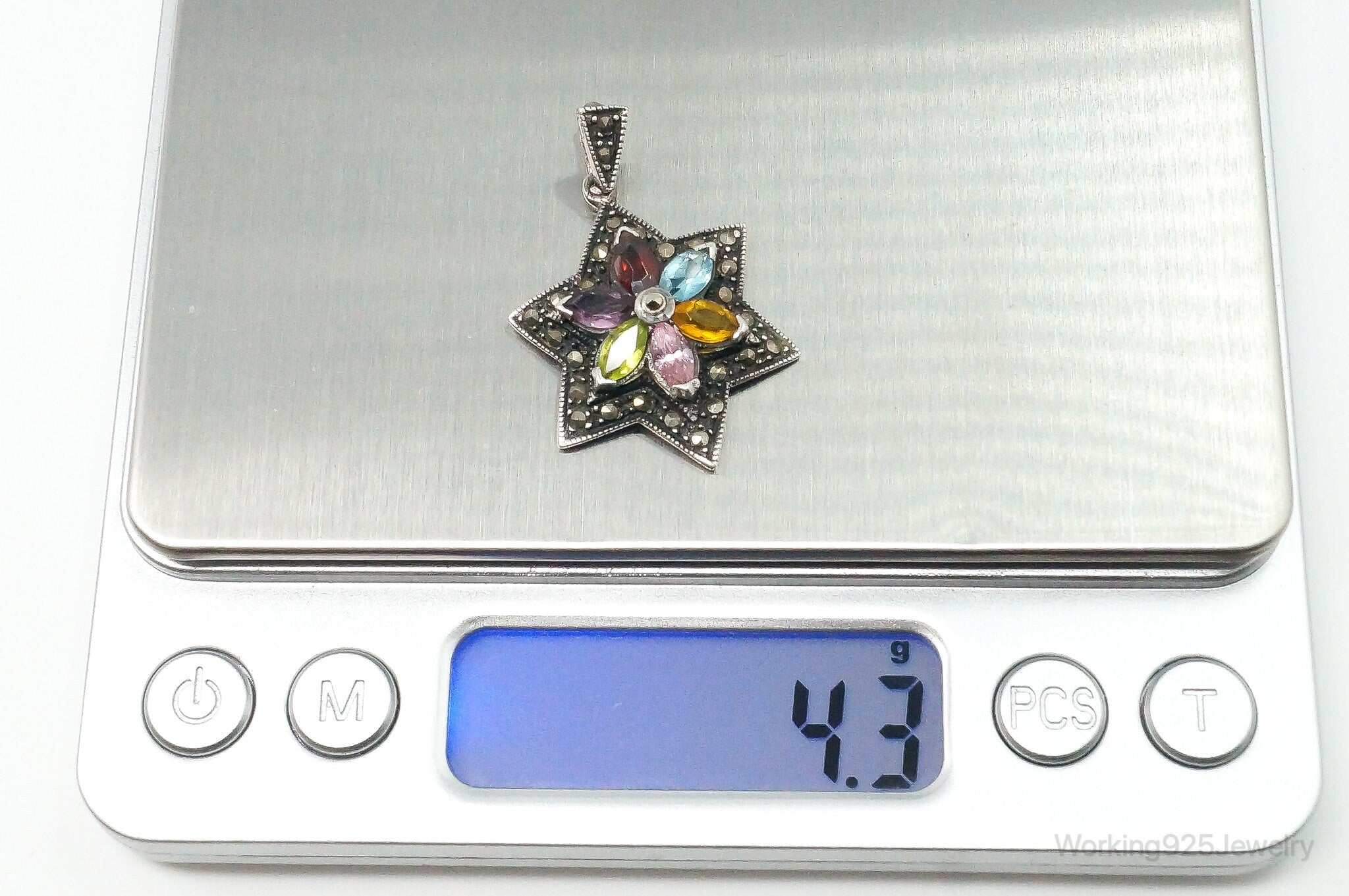 Vintage Multi Gem Flower Sterling Silver Necklace Pendant