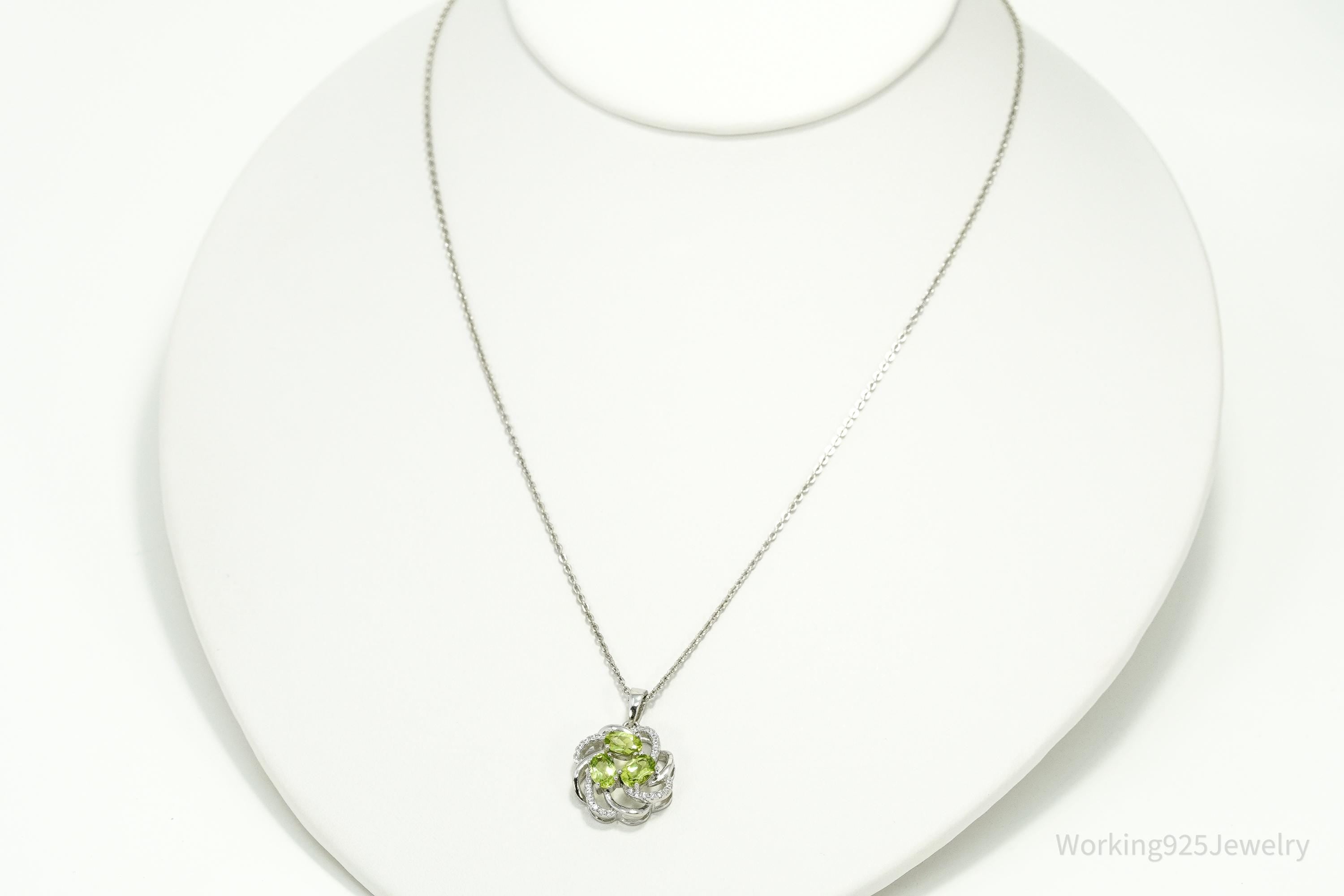 Vintage Peridot & Cubic Zirconia Sterling Silver Necklace 18"
