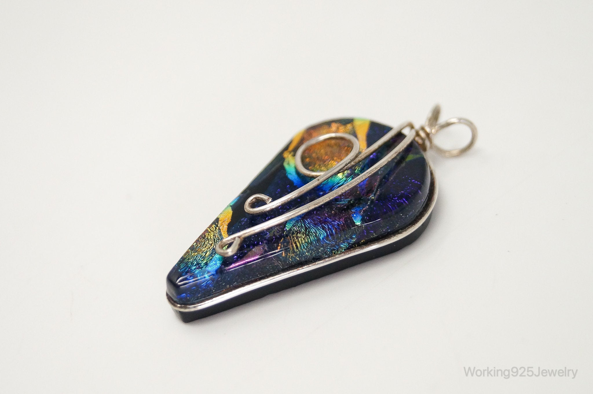 Vintage Large Dichroic Glass Sterling Silver Necklace Pendant