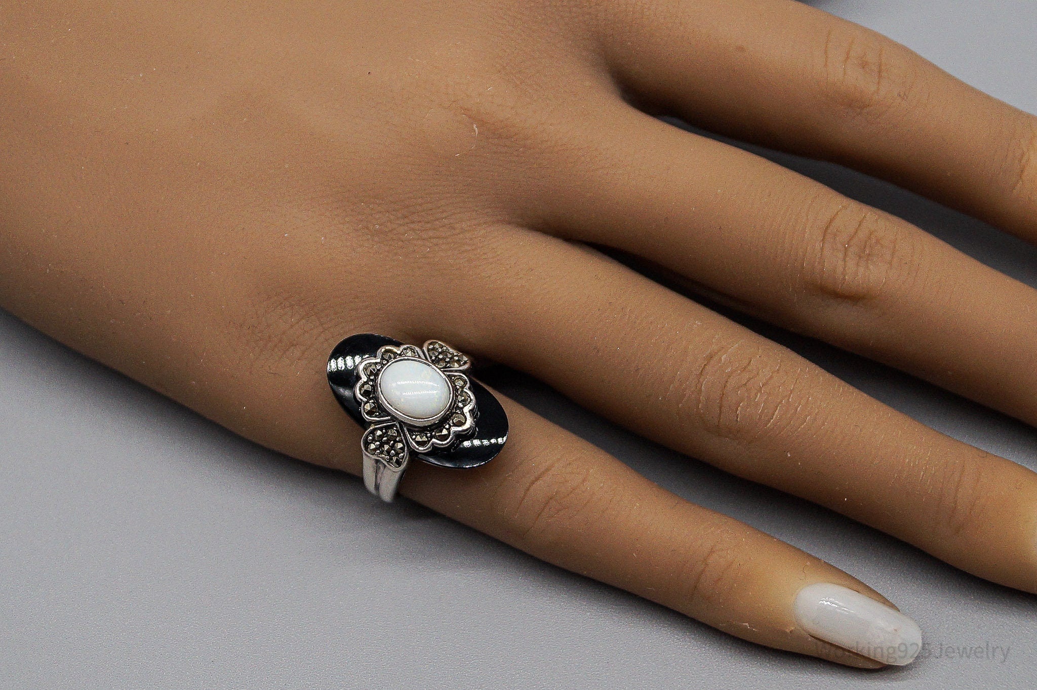 VTG Chapal-Zenray Opal Black Onyx Marcasite Sterling Silver Ring Size 6