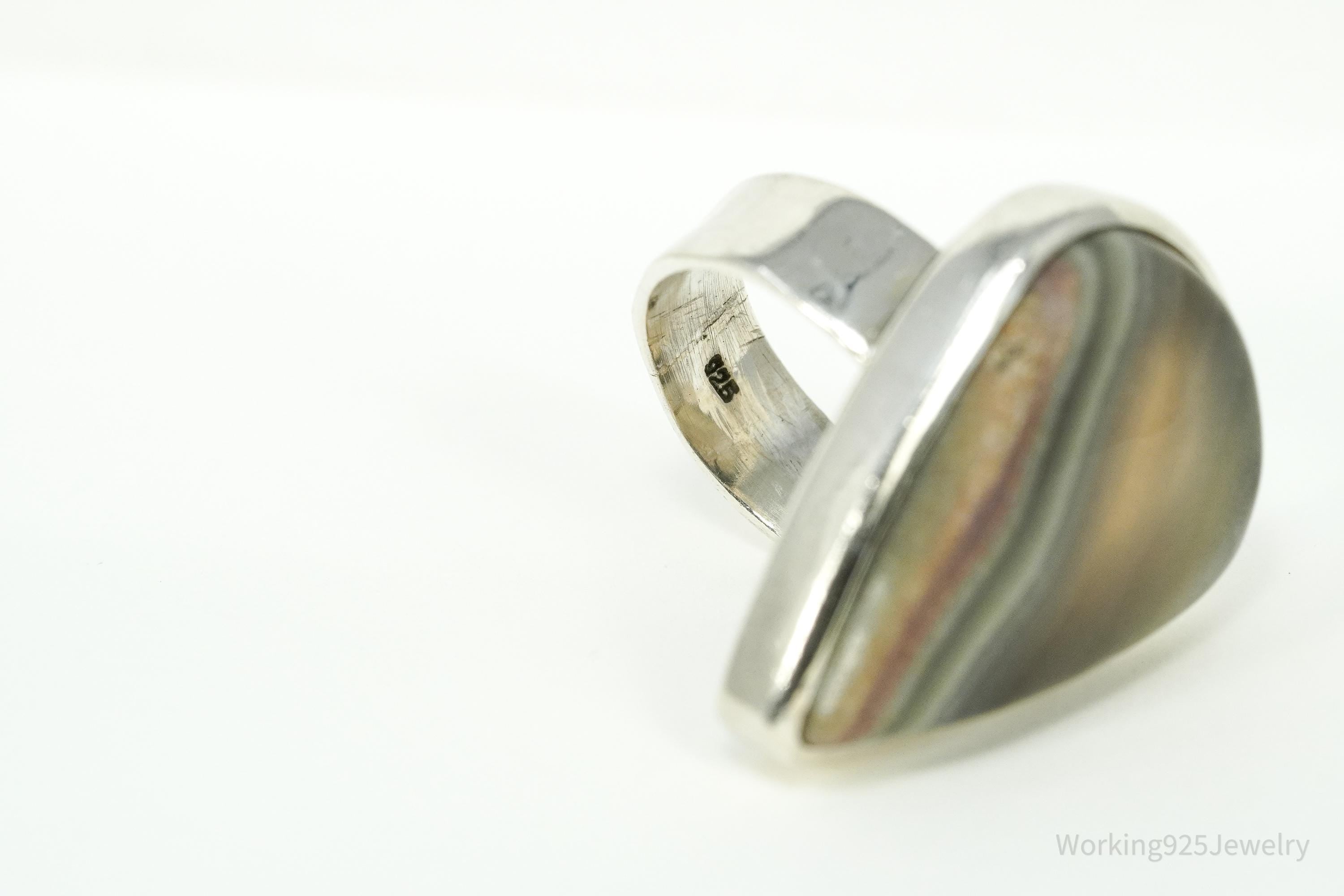 Vintage Large Lace Agate Sterling Silver Ring - Size 6.25