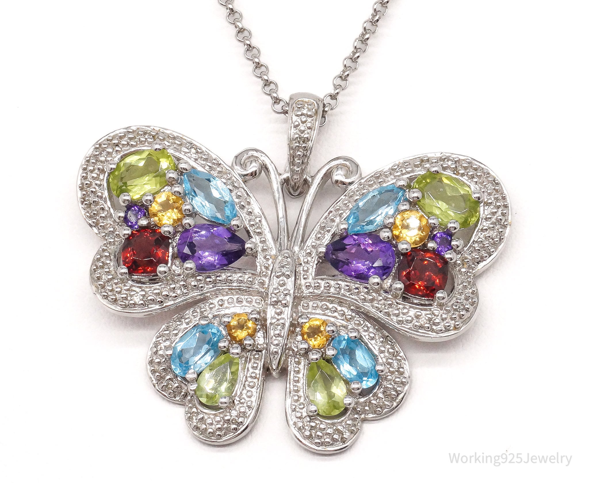 Vintage EA Multi Gemstone Butterfly Sterling Silver Necklace 23"