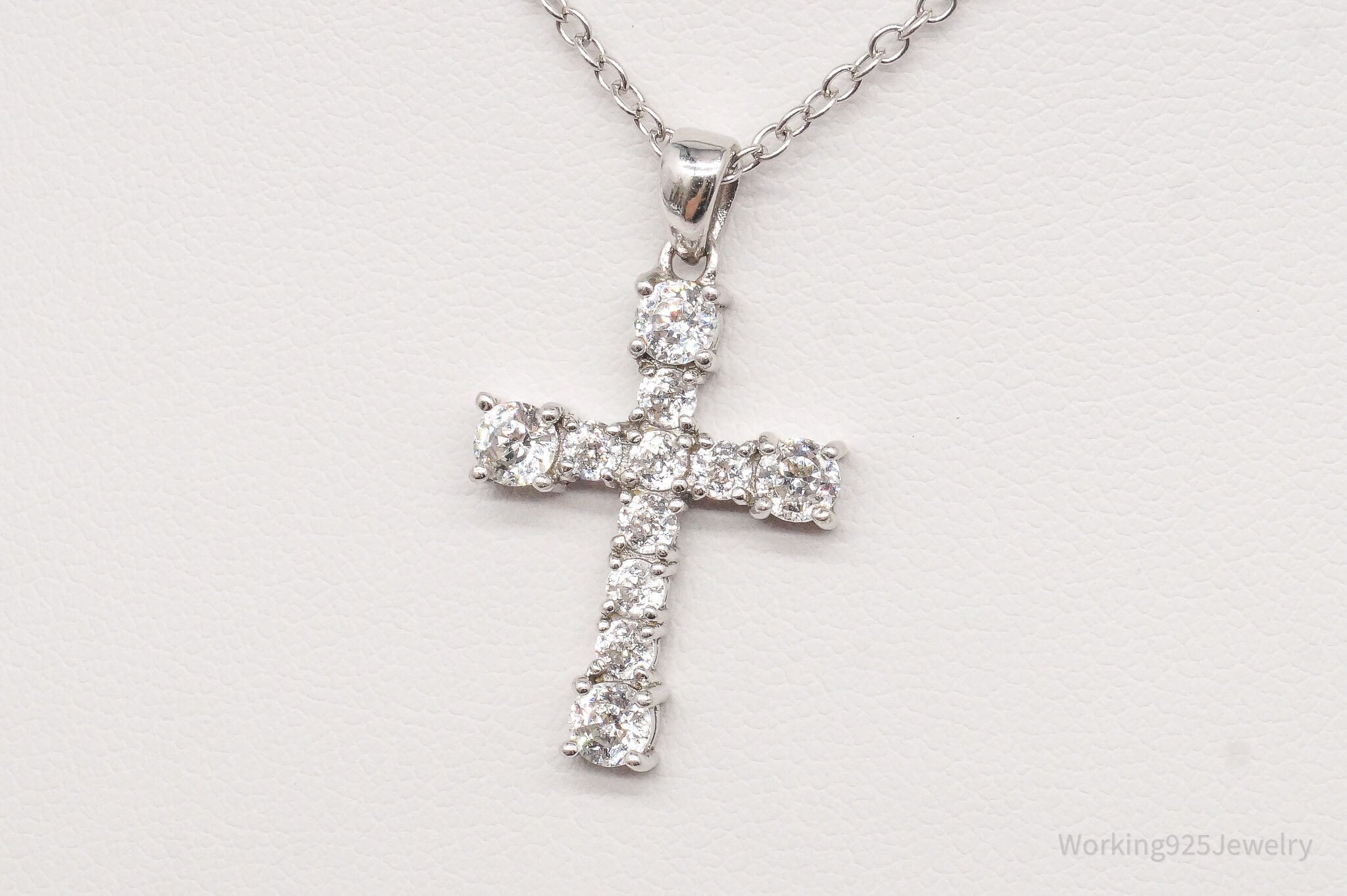 Vintage Cubic Zirconia Cross Platinum Clad Sterling Silver Necklace 18"