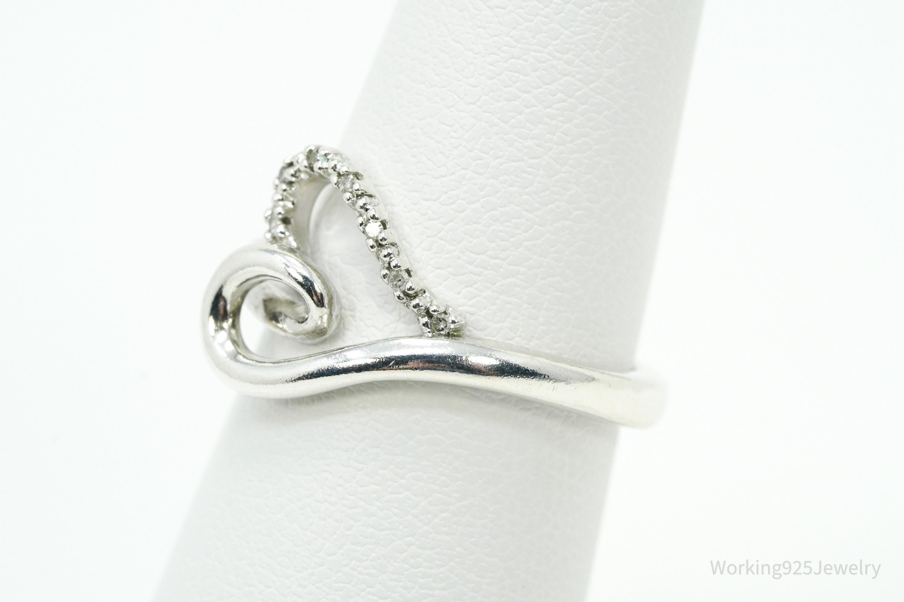 Vintage SUN White Diamond Heart Sterling Silver Ring - Size 6.75