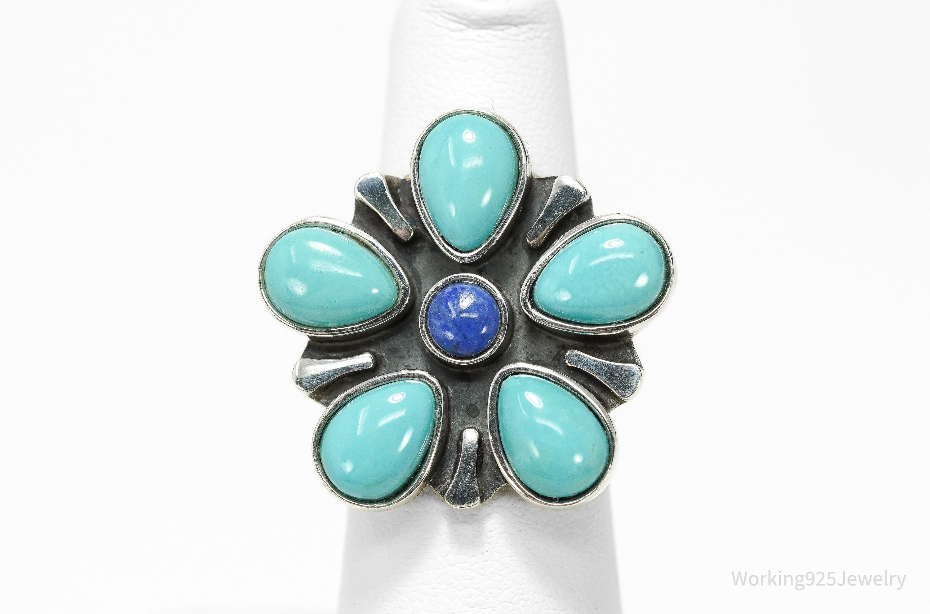 Vintage Desert Rose Turquoise & Lapis Lazuli Flower Sterling Silver Ring Size 6