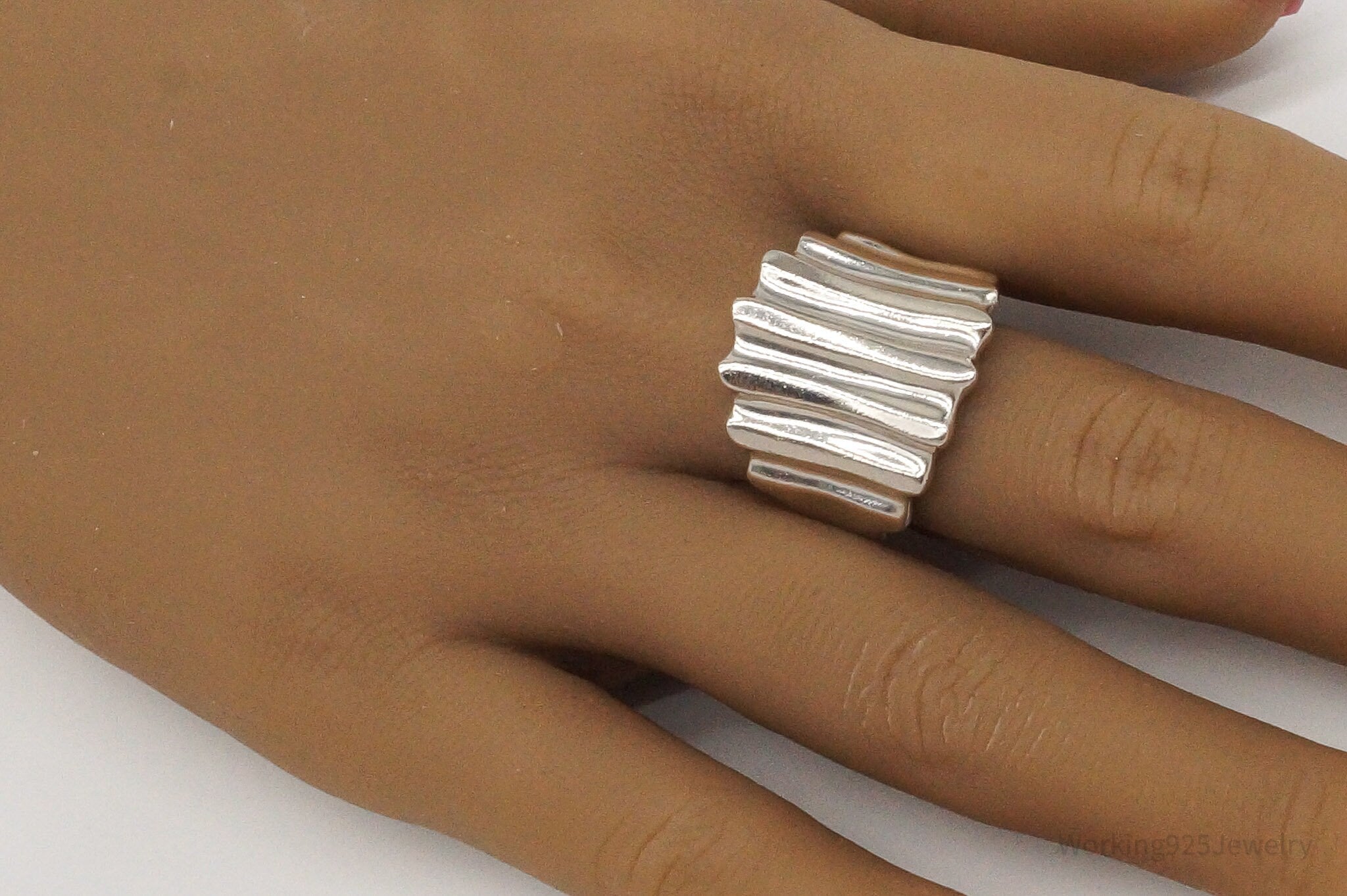 Vintage Modernist Puffy Ribbed Style Sterling Silver Ring - Size 10