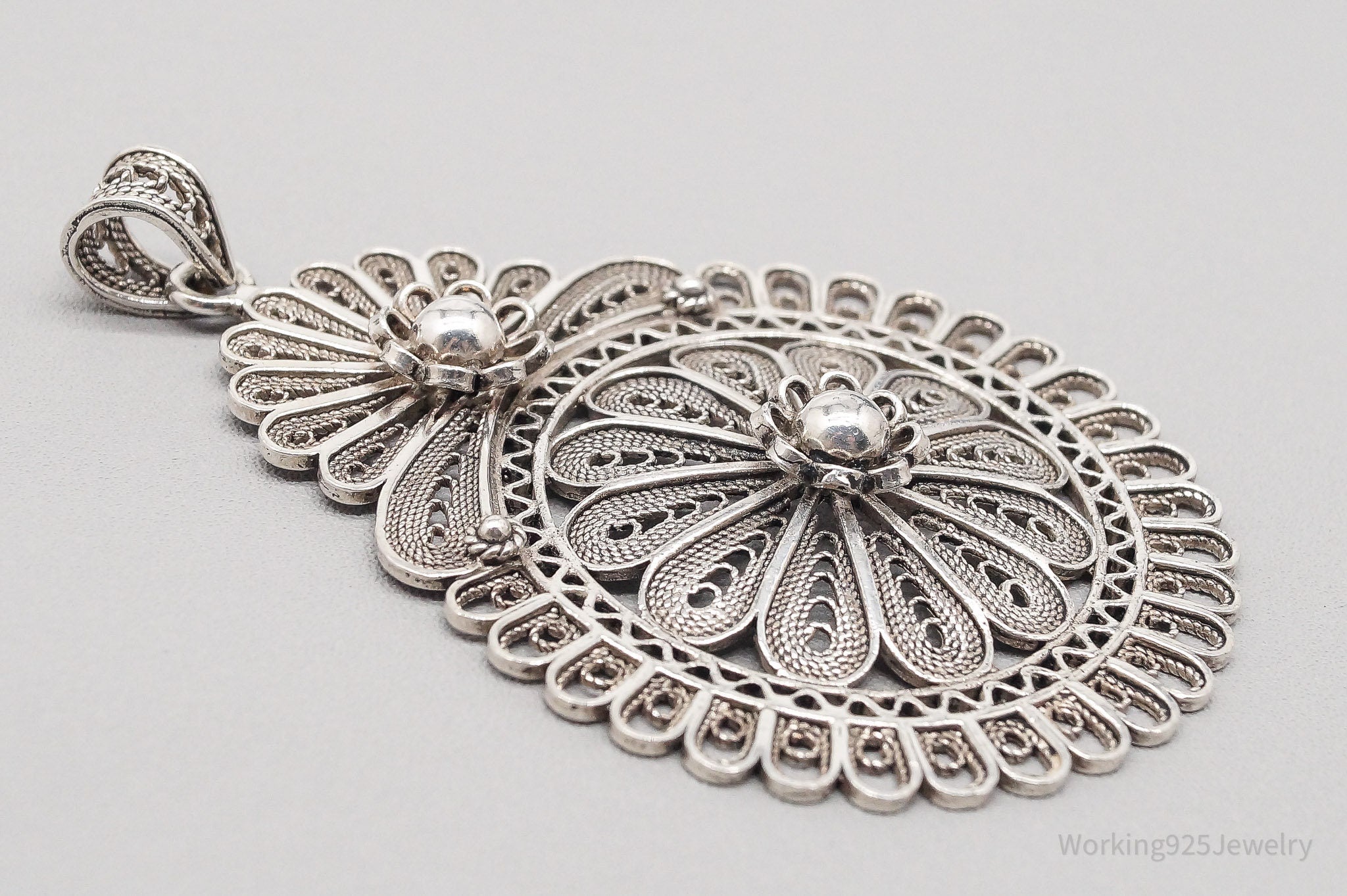 Vintage Large Turkish Filigree Ornate Sterling Silver Pendant