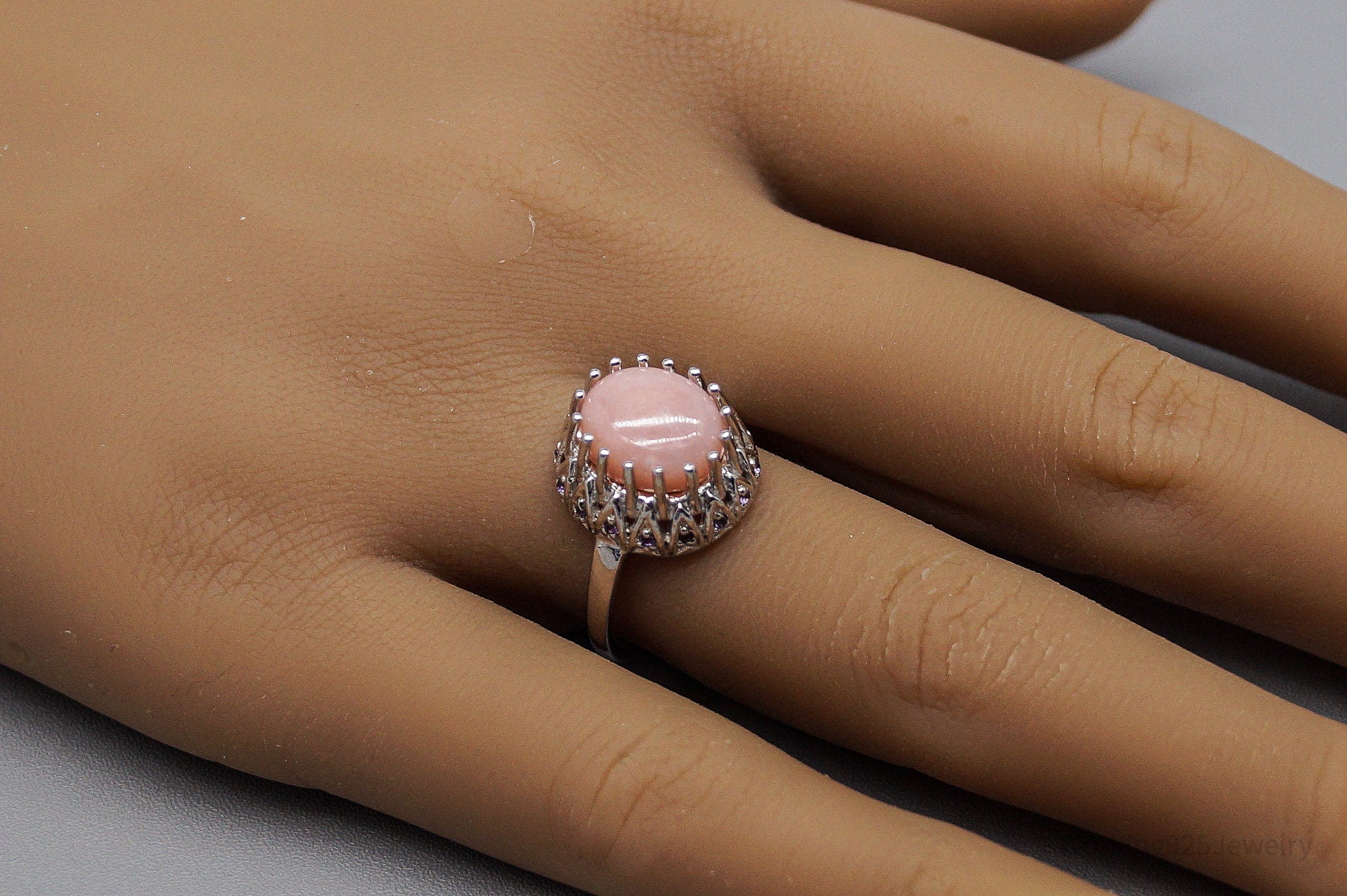 Vintage Pink Opal & Amethyst Sterling Silver Ring - Size 7