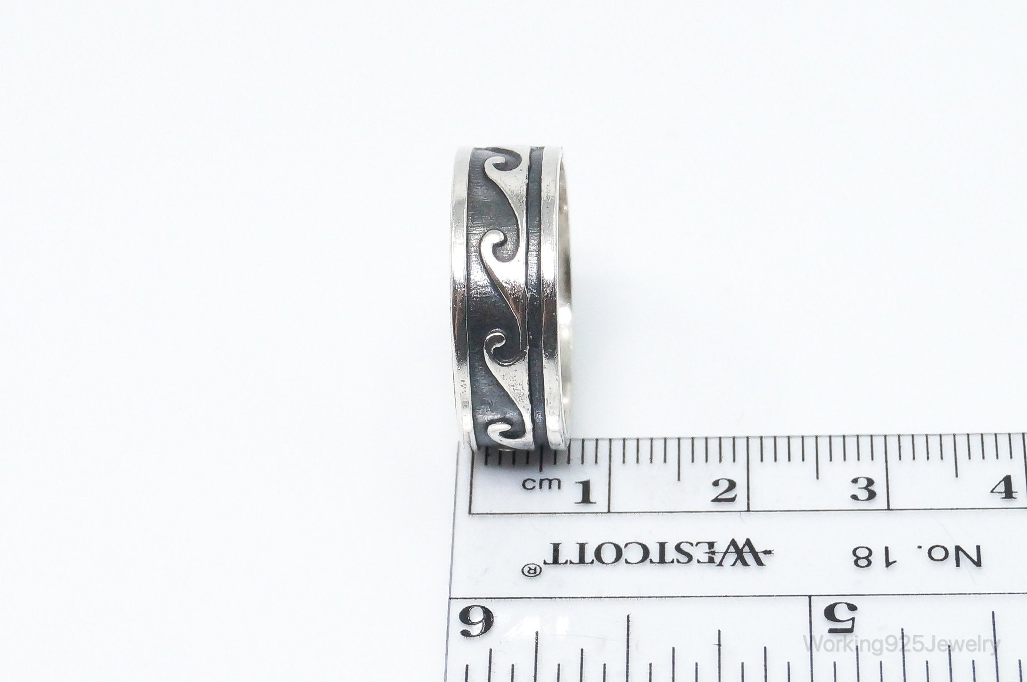 Vintage Wave Scroll Oxidized Design Sterling Silver Band Ring - Size 10