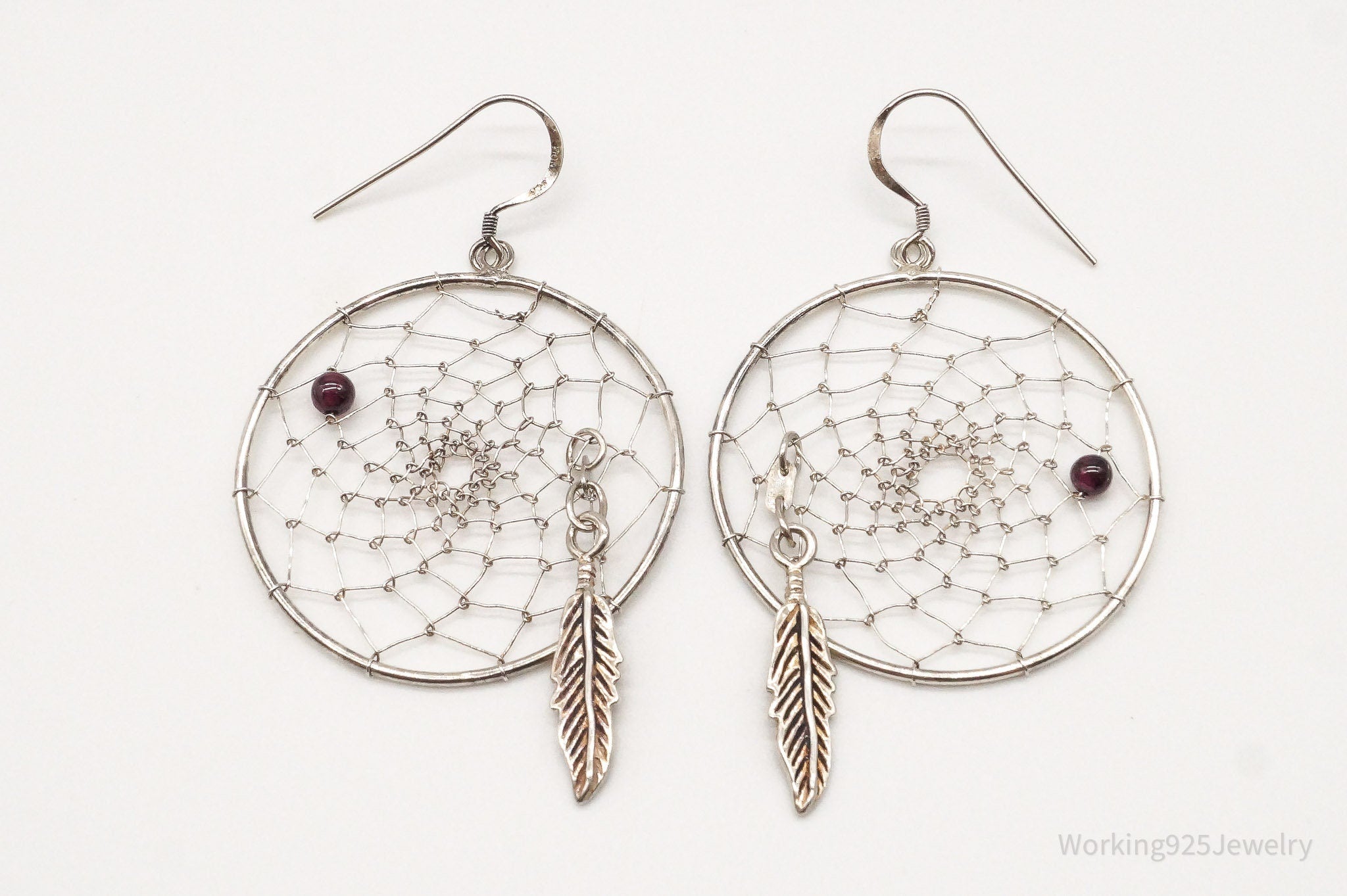 Vintage Native American Rhodolite Garnet Dream Catcher Sterling Silver Earrings