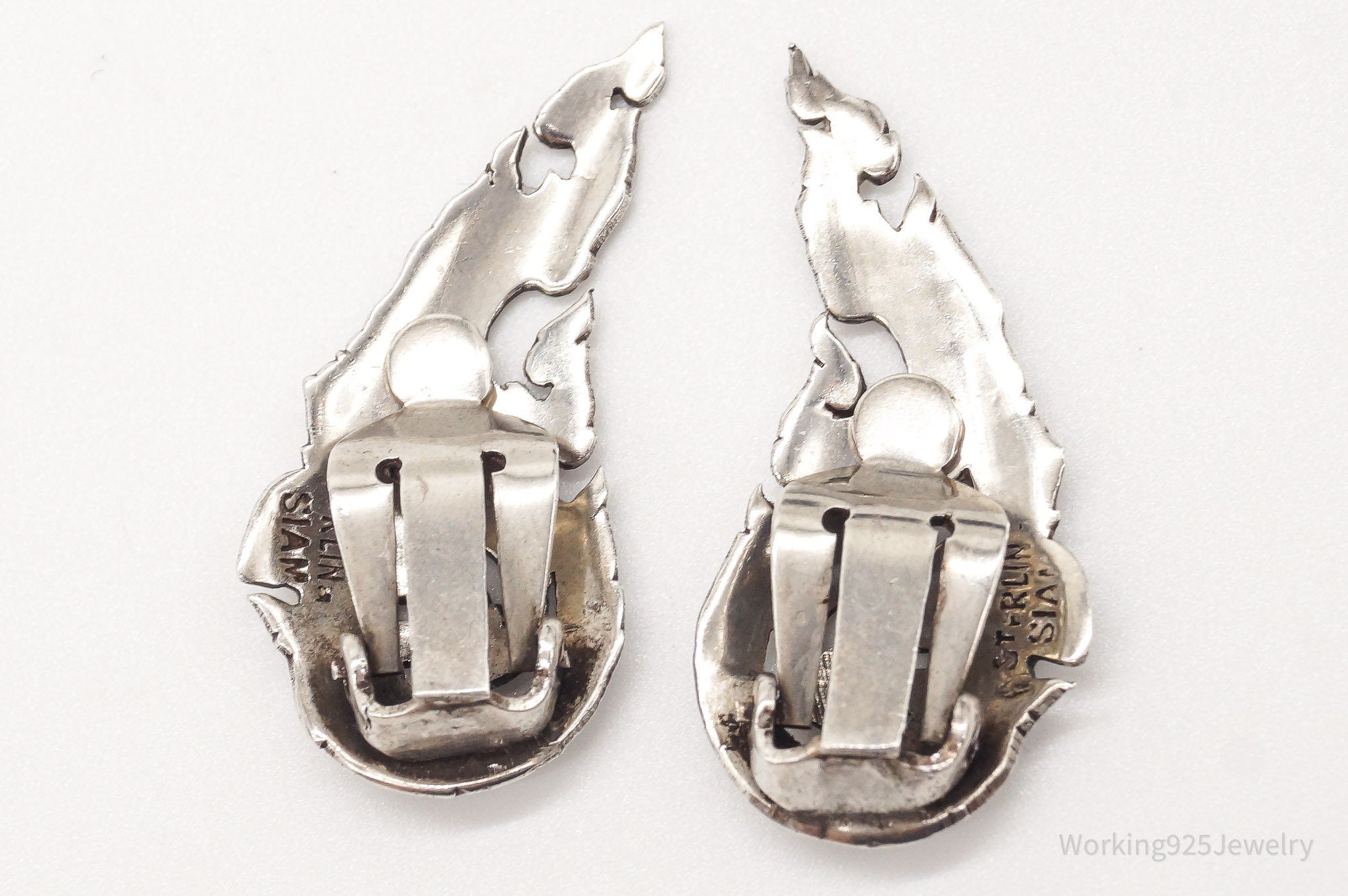 Vintage SIAM White Enamel Sterling Silver Clip On Earrings