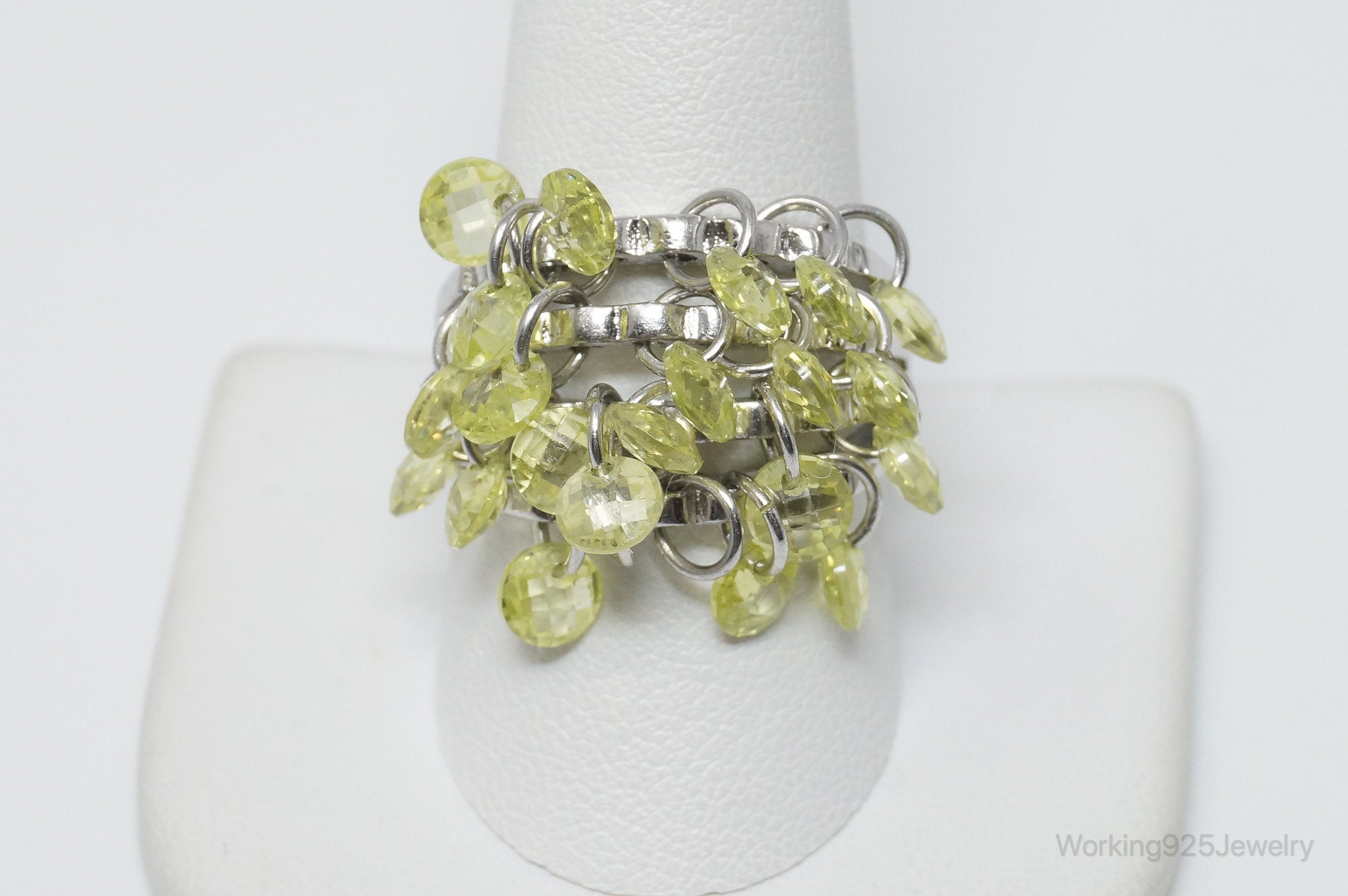 Vintage Peridot Dangling Gem Charms Sterling Silver Ring Size 10