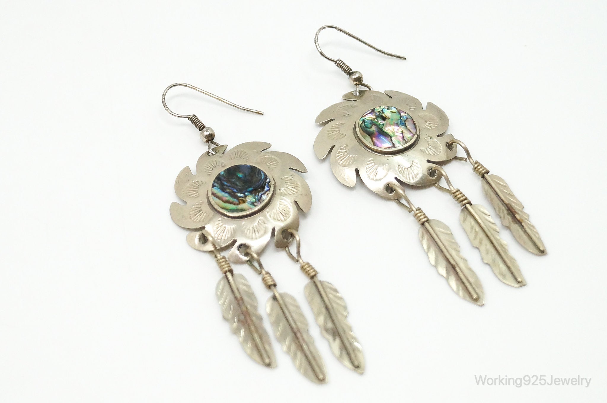 Vintage Mexico Abalone Shell Dreamcatcher Alpaca Silver Earrings